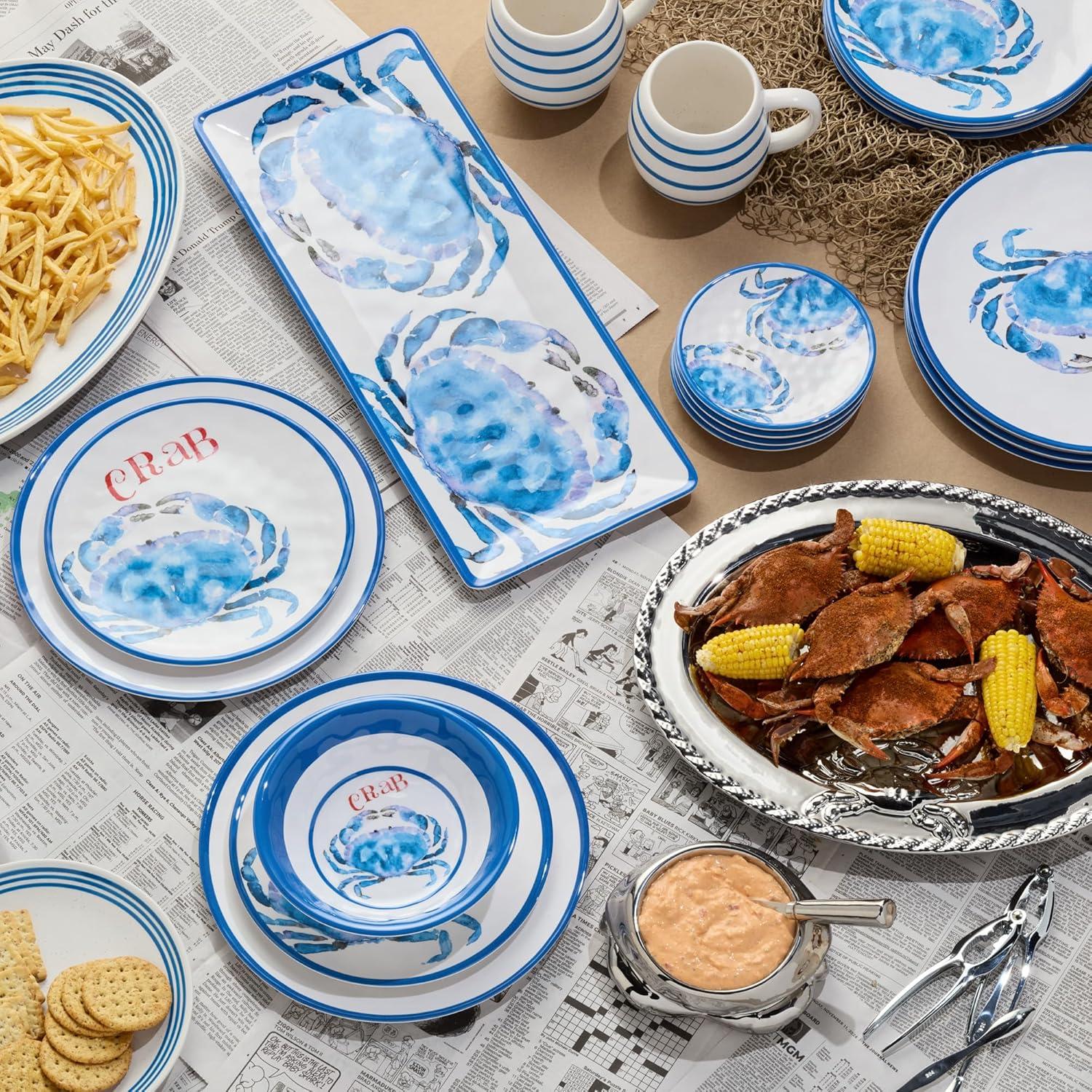 Certified International Beach House Crab 12-Piece Melamine Dinnerware Set – Blue & White Nautical-Themed Plates & Bowls – Shatterproof, Lightweight, and Dishwasher-Safe Coastal Tableware for Indoor & Outdoor Dining