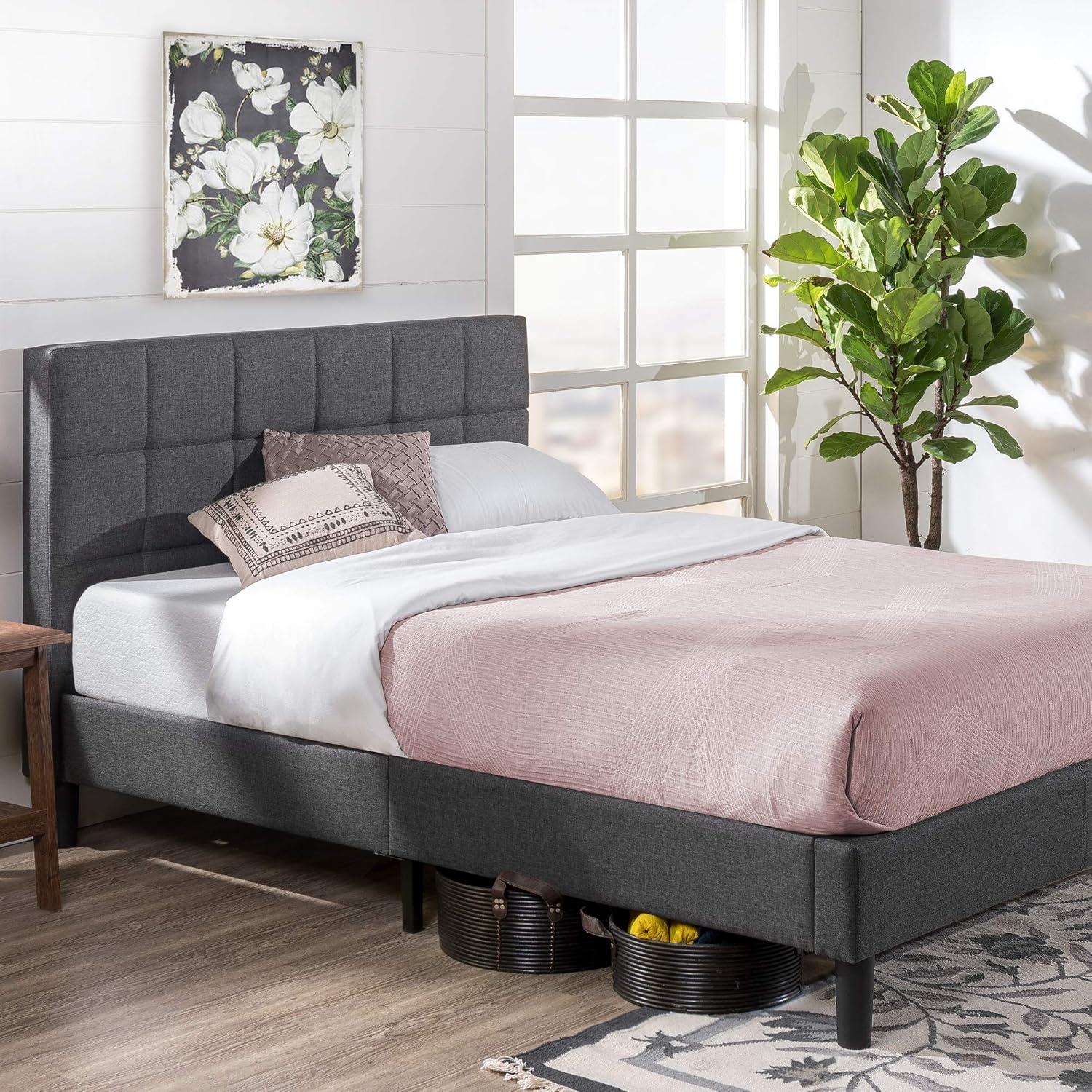 Twin Gray Upholstered Platform Bed with Tufted Headboard