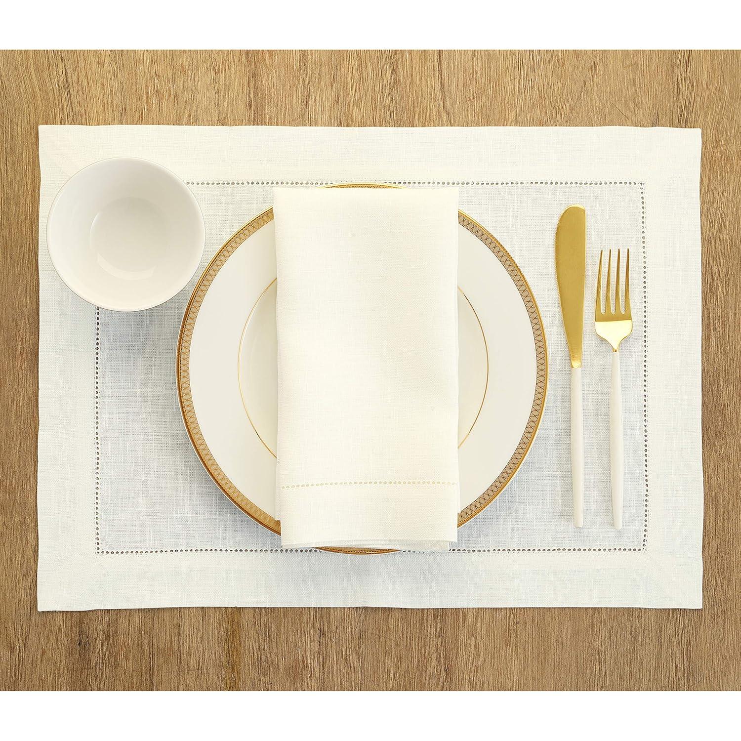 Solino Home 100% Pure Linen Hemstitch Placemats - Classic Hemstitch (Set of 4)