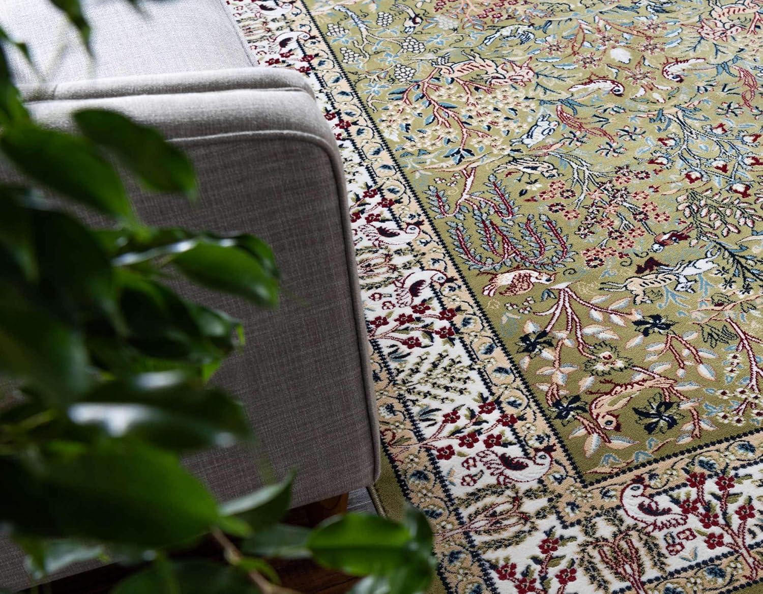 Green Rectangular Persian-Style Stain-Resistant Area Rug