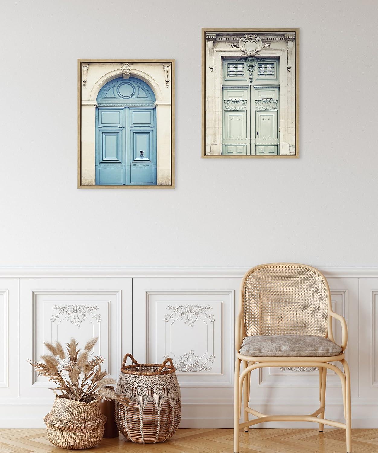 Kate and Laurel Sylvie Classic Parisian Door and Blue Paris Door Framed Canvas Wall Art Set by Caroline Mint, 2 piece 18x24 Natural, French Architecture Wall Art Set for Home Decor