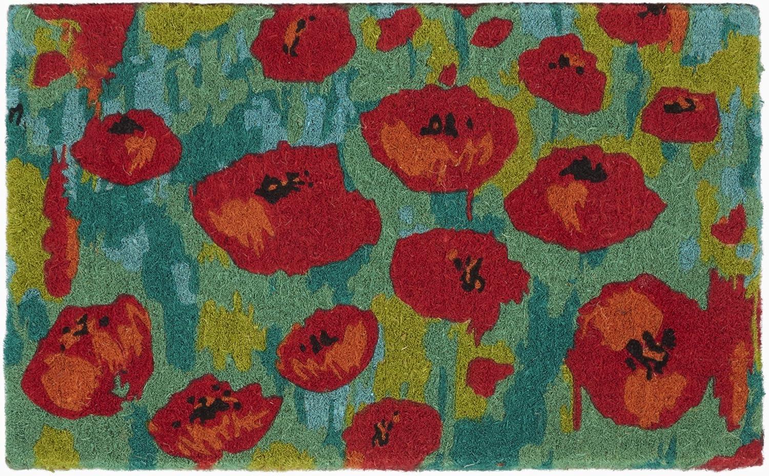 FH Home Floral Extra Thick Doormat - Handwoven, Durable - Natural Coir - Entryway, Front Door, Porch, Patio - Field of Poppies Red (18" x 30" Thick)