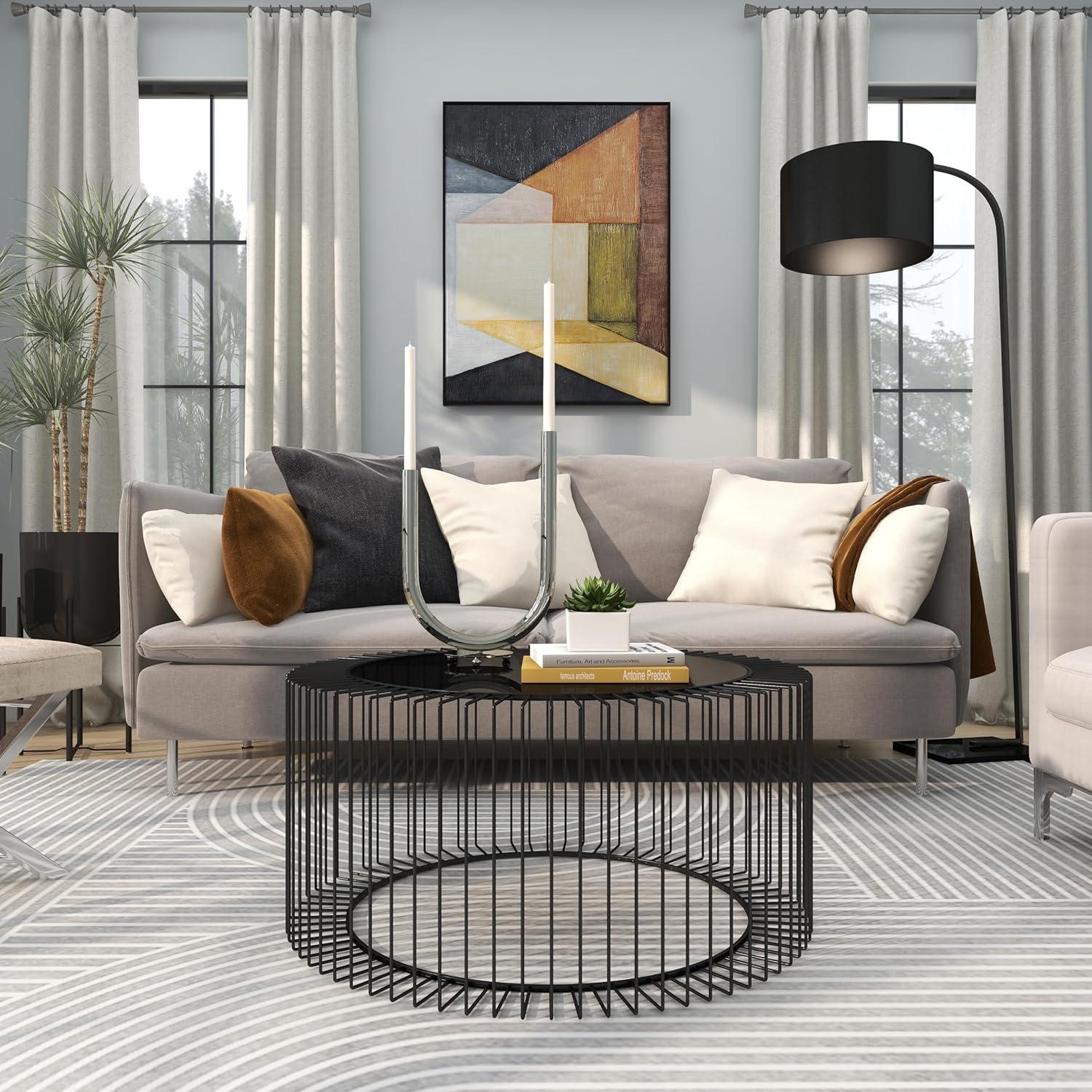 Modern Black Open Wire Frame 32" Round Glass Coffee Table