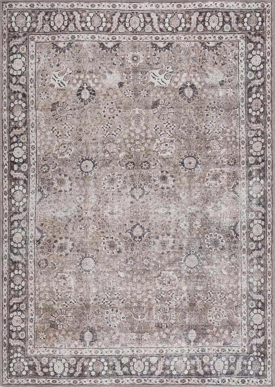 Hauteloom Ganyangan Machine Washable Living Room Kitchen Bedroom Area Rug - Vintage Distressed - Oriental Floral Pattern - Bordered - Brown, Beige, Cream - 5'3" x 7'3"