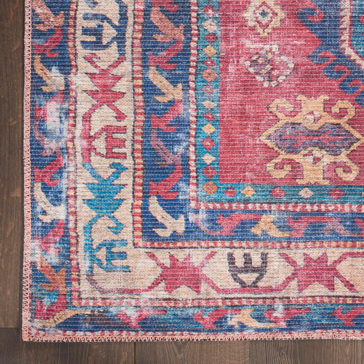 Machine Washable Southwestern Navy/Muted Red/Beige Area Rug