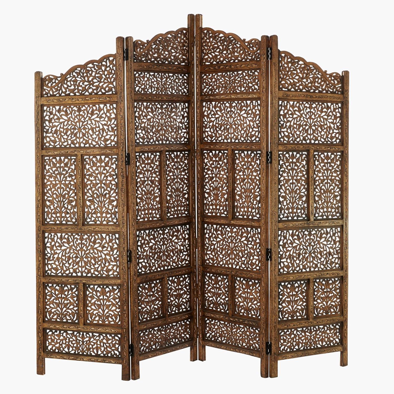 DecMode 80" x 72" Brown Wood Floral Handmade Foldable Arched Partition 4 Panel Room Divider Screen with Intricately Carved Designs, 1-Piece