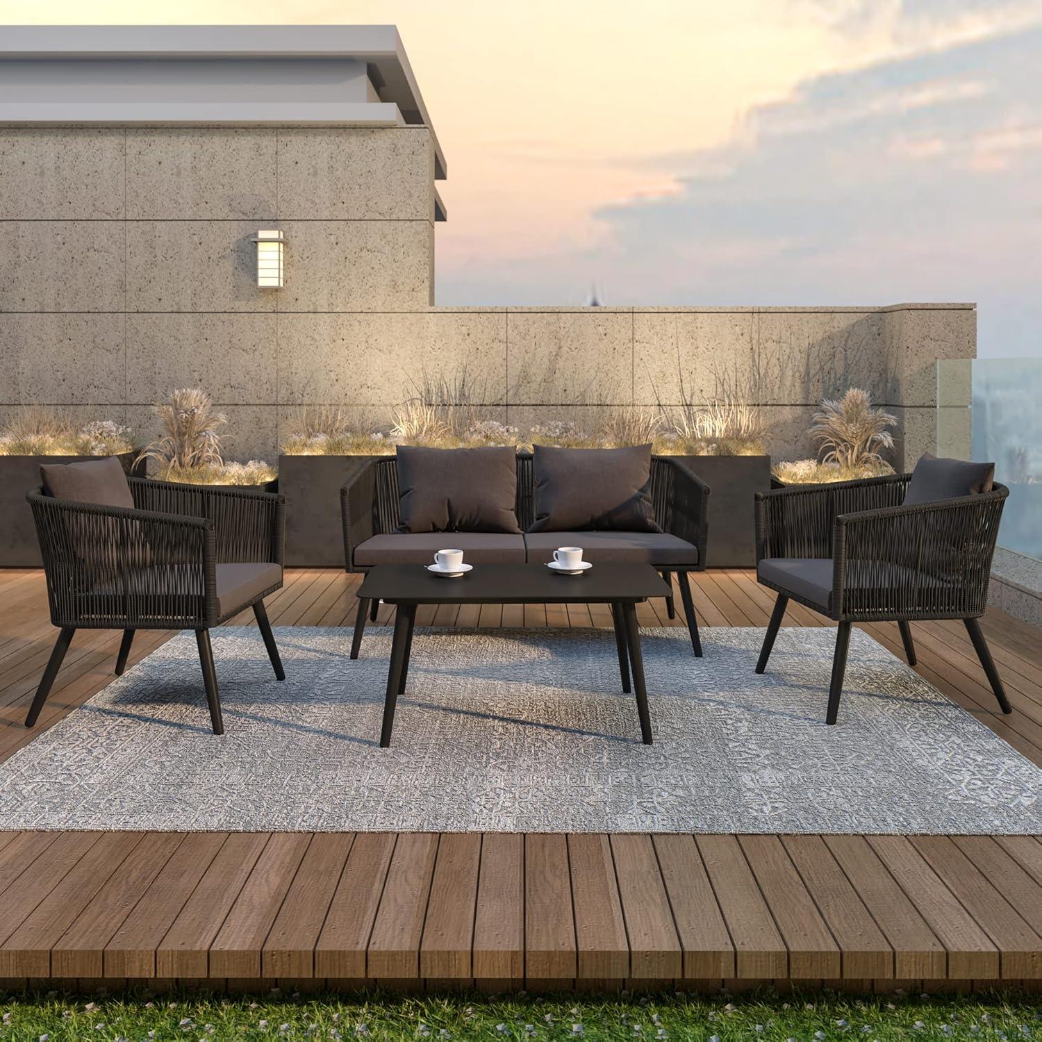 Flash Furniture Kierra Black All-Weather 4-Piece Woven Conversation Set with Gray Zippered Removable Cushions & Metal Coffee Table