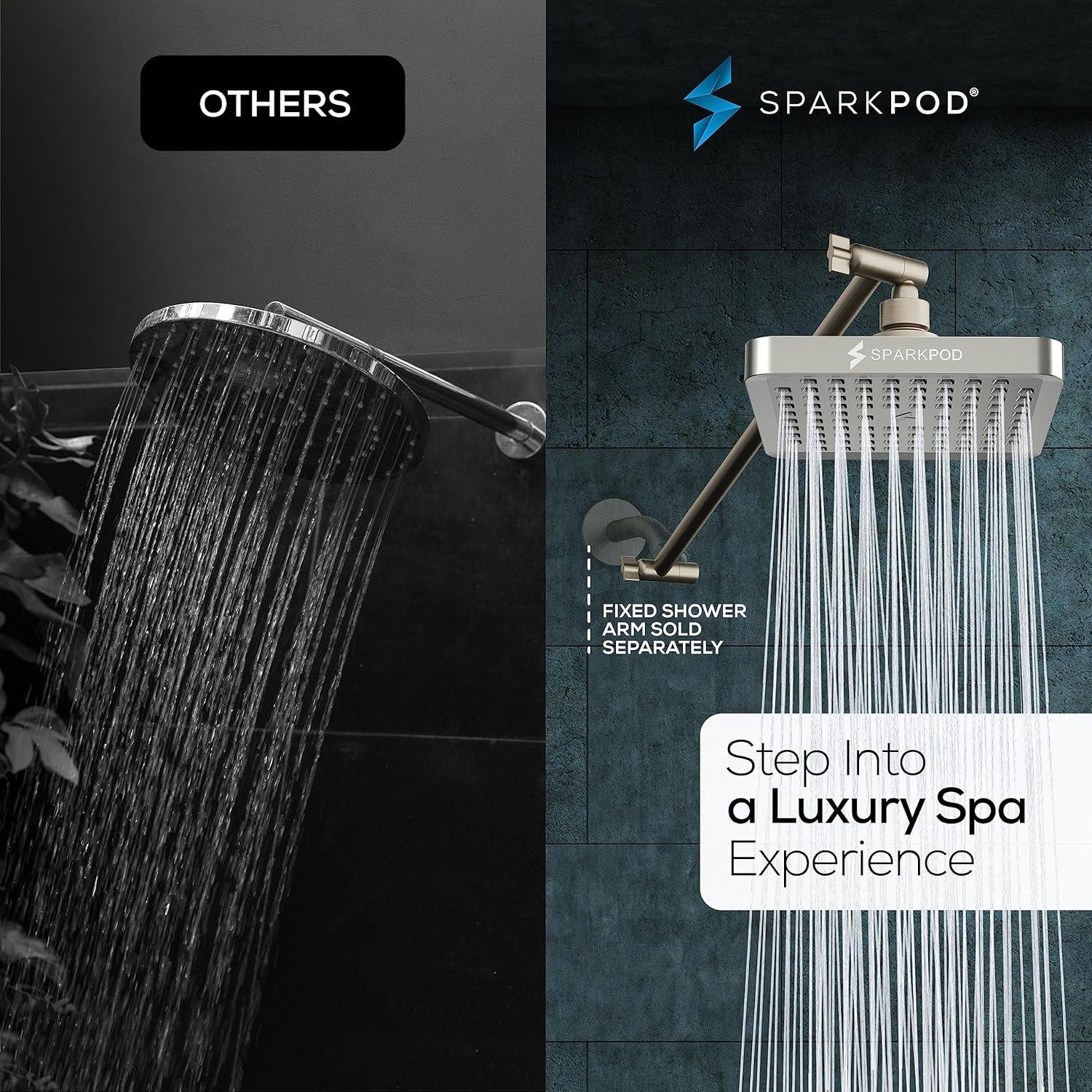 SparkPod Square Rain Shower Head with Shower Head Extension Arm - High Pressure Rain - Luxury Modern Look - No Hassle Tool-less 1-Min Installation (16" Shower Arm Extension, Elegant Brushed Nickel)