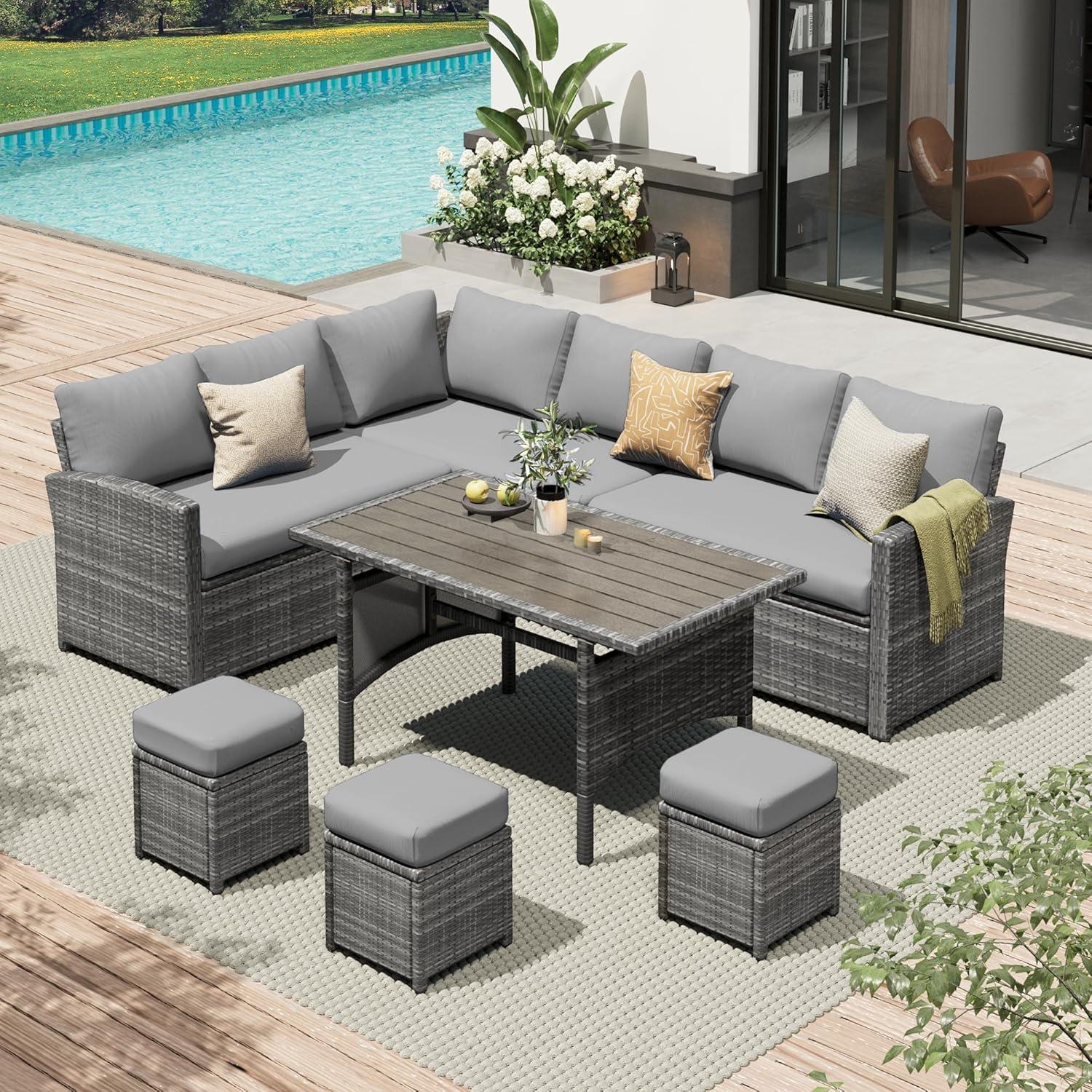 AECOJOY Patio Furniture Set, 7 Pieces Outdoor Patio Furniture with Dining Table&Chair, All Weather Wicker Conversation Set with Ottoman, Grey Rattan&Grey Cushion