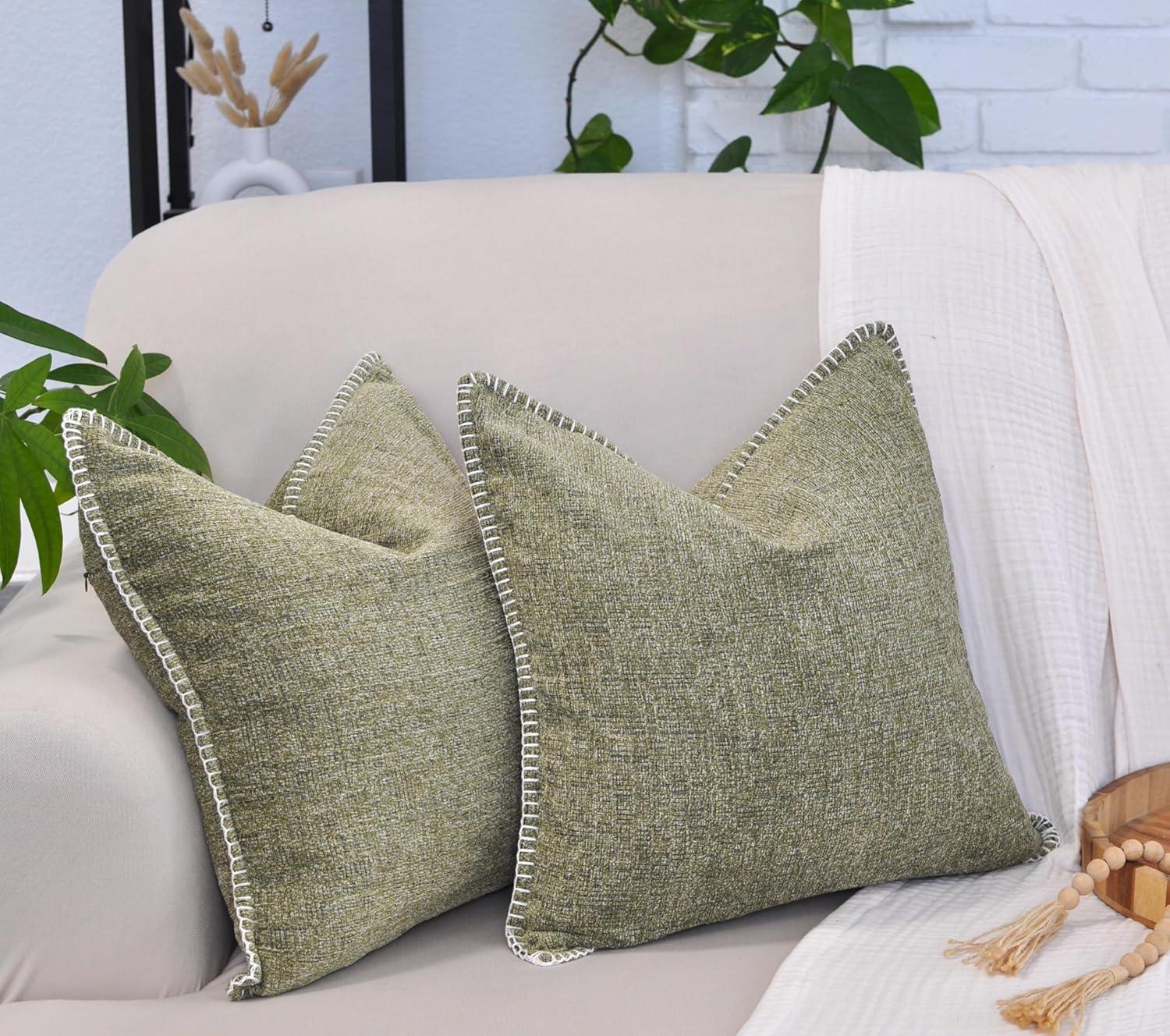 Soft Chenille Throw Pillow Covers With Stitched Edge (Set of 2)