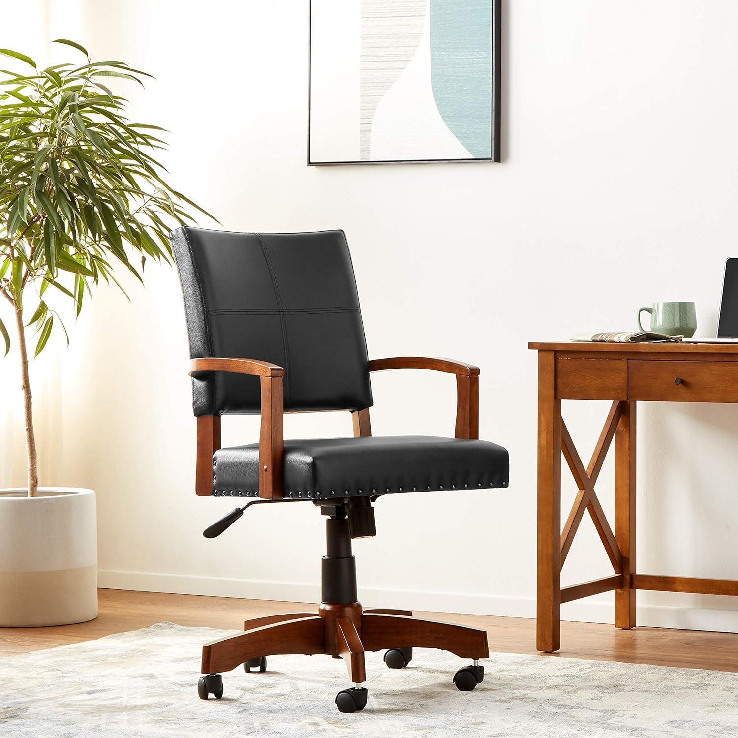 Deluxe Black Leather Swivel Banker Chair with Wood Accents