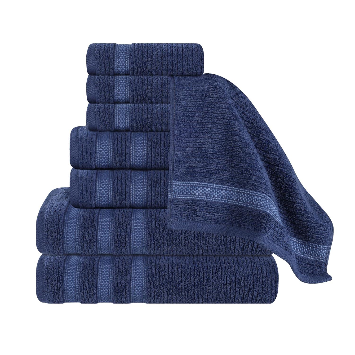 Superior Zero Twist Cotton Ribbed Geometric 8-Piece Towel Set, Navy Blue