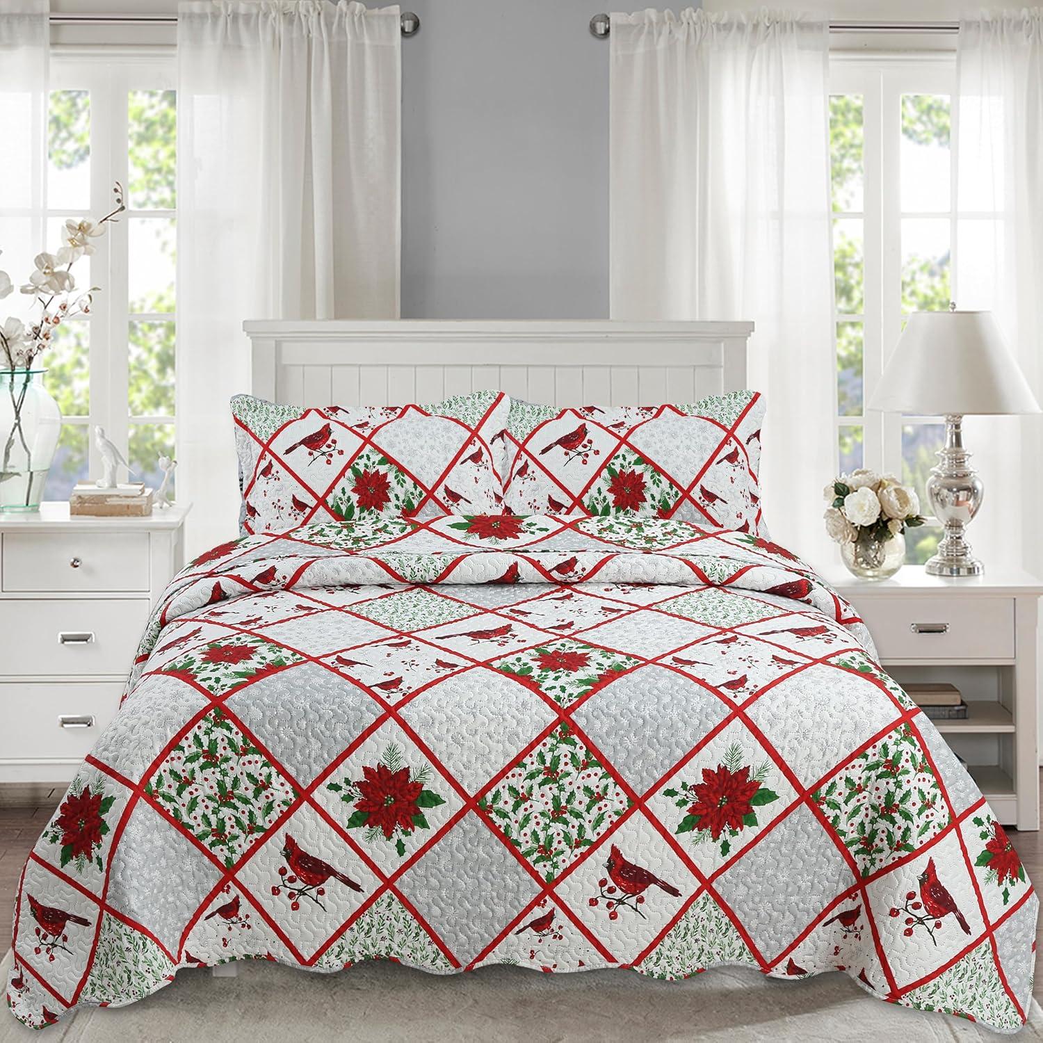 Printed Embossed Pinsonic Bedspread Soft Bedding Christmas Quilt Set, Red Cardinal Poinsettia