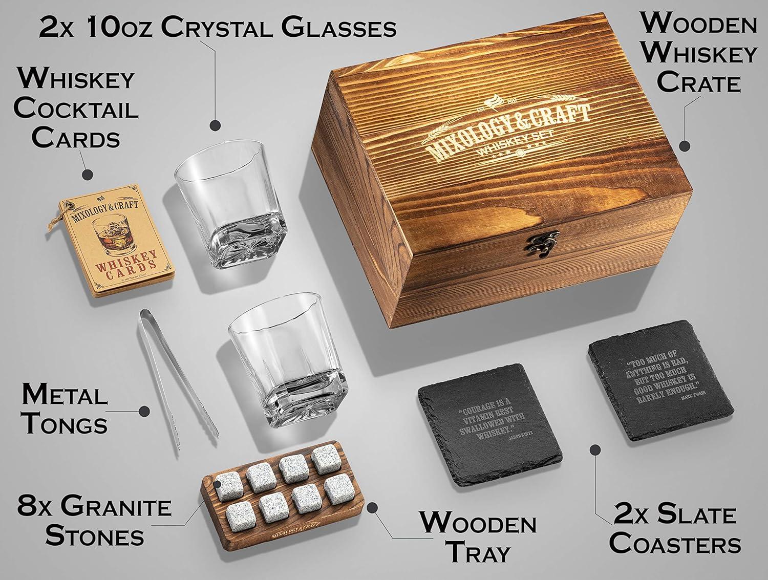 Rustic Wooden Whiskey Gift Set with Granite Stones and Crystal Glasses