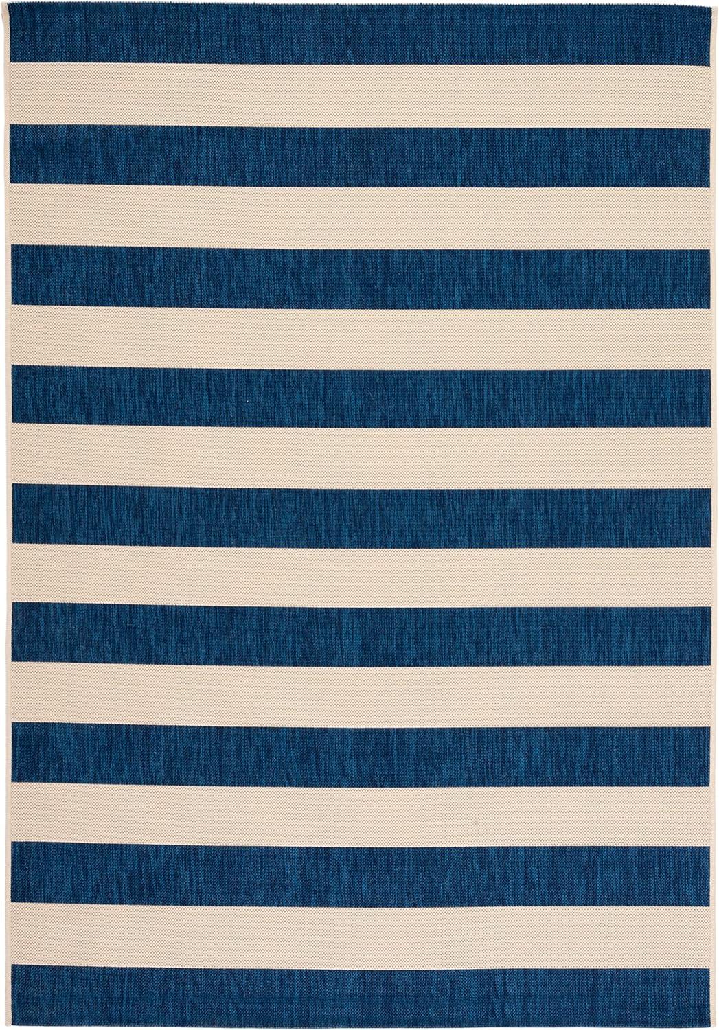 Beige and Navy Striped Synthetic Indoor/Outdoor Rug 9' x 12'