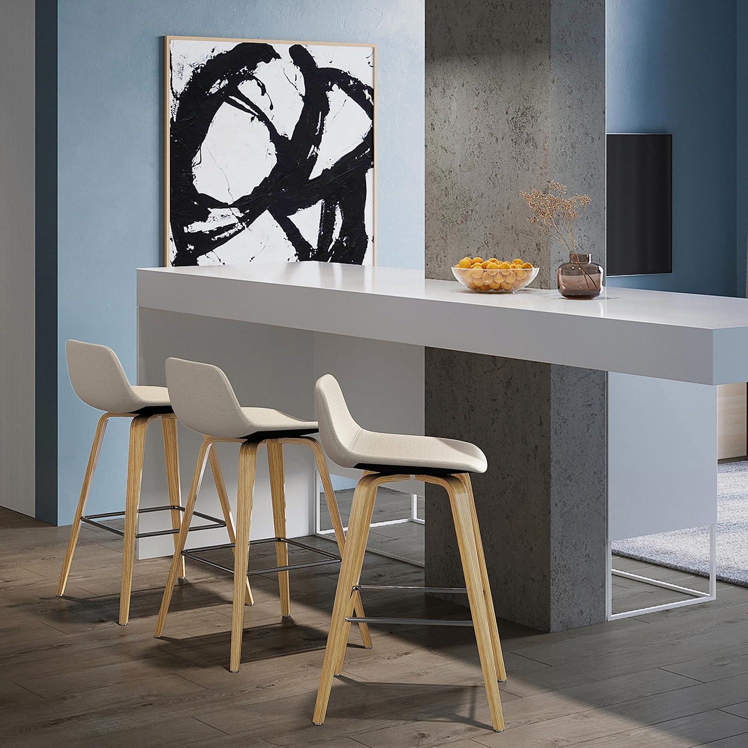 Simpli Home Randolph Upholstered Bentwood Mid-Century Modern Bar & Counter Stool with Chrome Footrest
