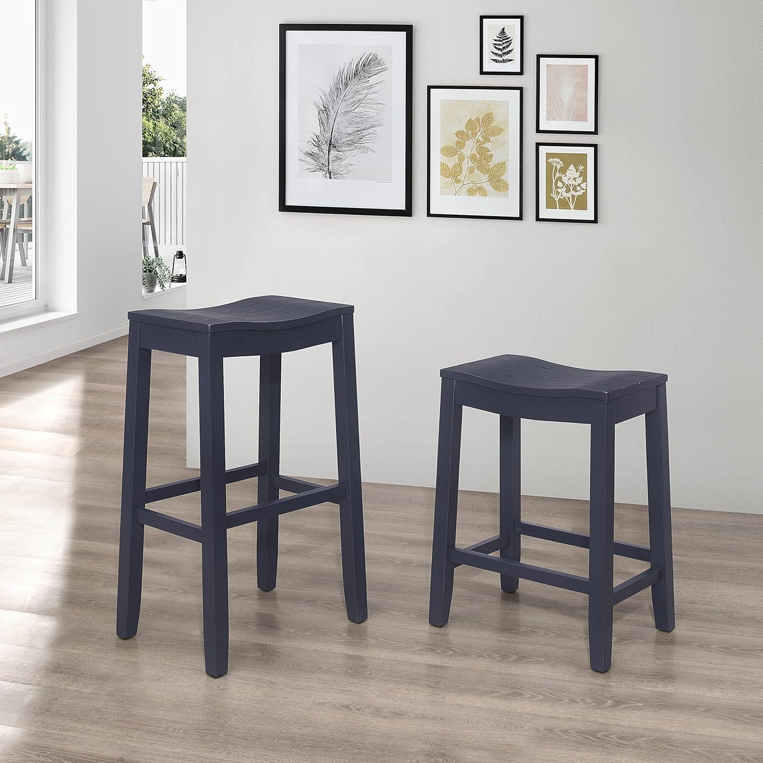 Navy Wood Backless Saddle Style Counter Stool