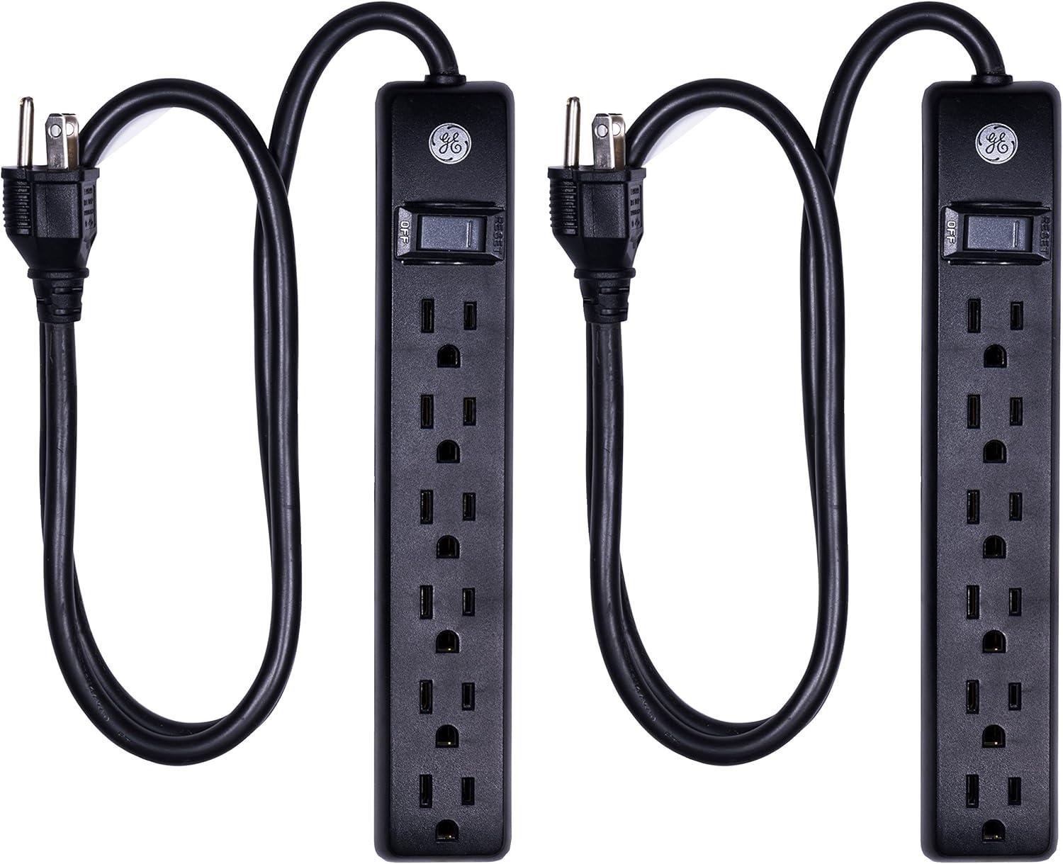 GE 3-ft 6-Outlet Surge Protector, 450J, Black, 2-Pack, 83969