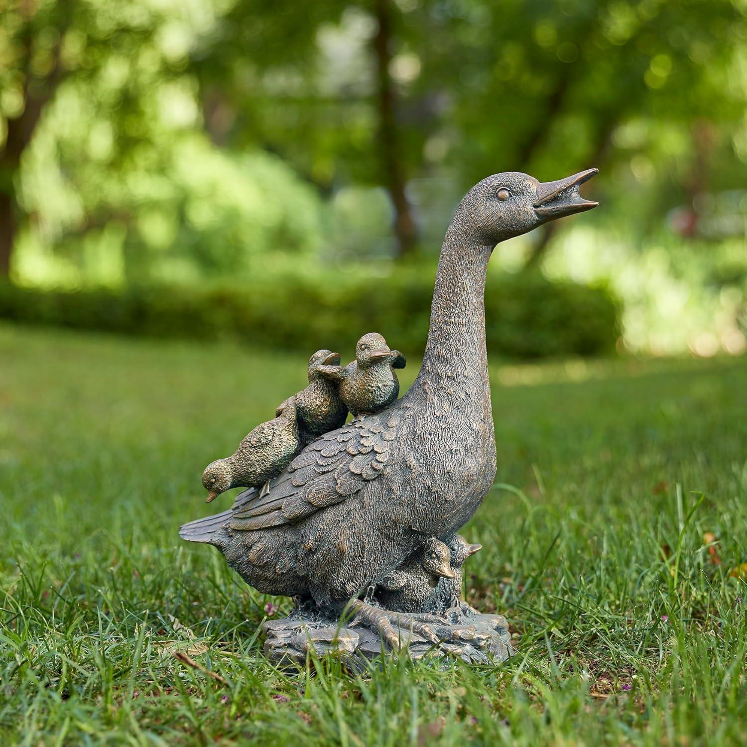 15" Aged Bronze Duck Family Garden Statue