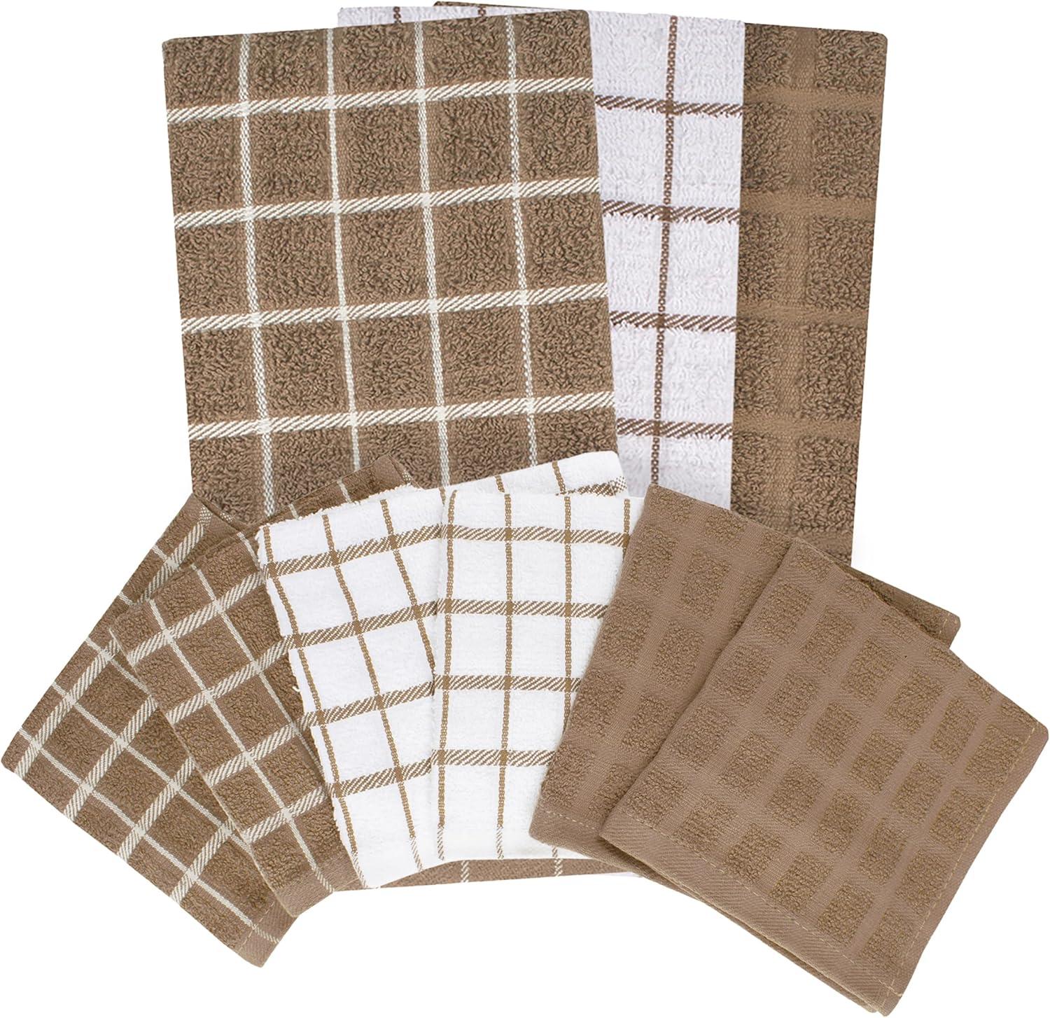 John Ritzenthaler Co. Ritz 3-Pack Terry Check Kitchen Towel Set and 6-Pack Terry Check Dish Cloth Set, Mocha