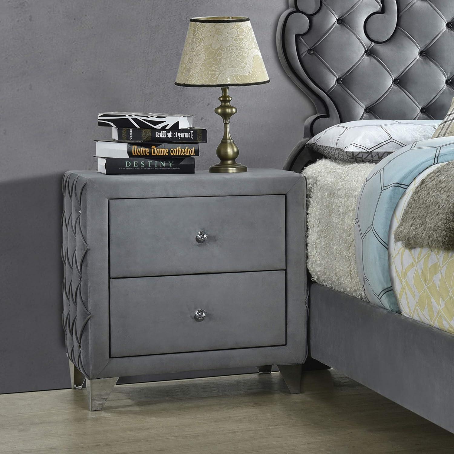 Gray Velvet 2-Drawer Upholstered Nightstand with Crystal Knobs