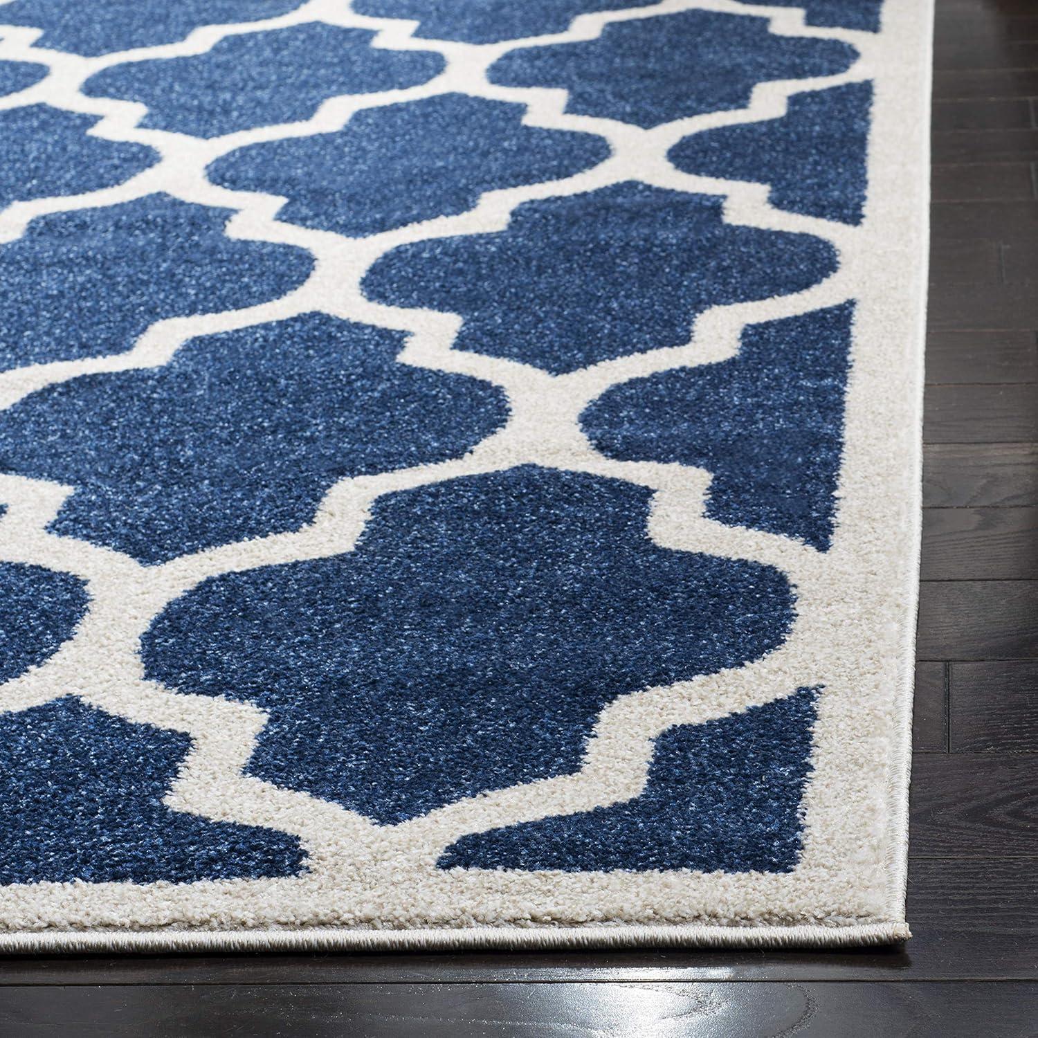 Navy and Beige 36" Square Geometric Synthetic Area Rug