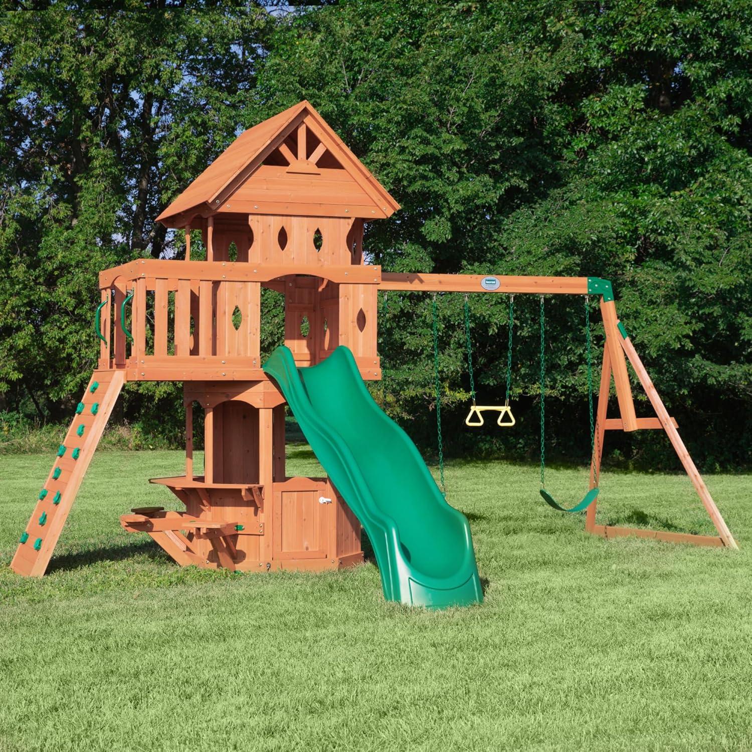 Woodland Cedar Wood Playset with Green Slide and Swings