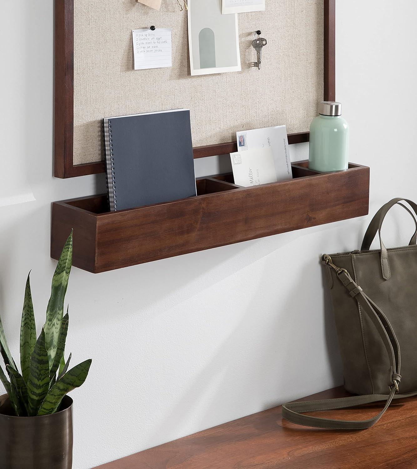 Walnut Brown Wooden Wall Pocket Shelf with Three Compartments