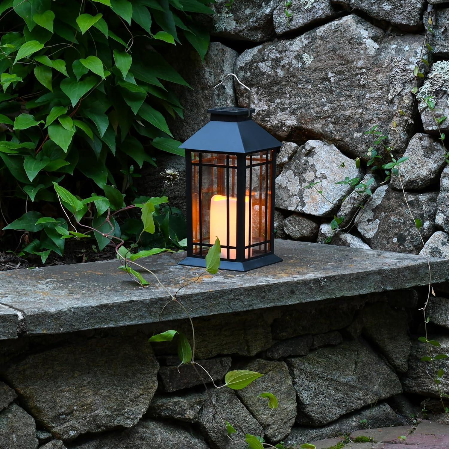 Black Solar Powered Hanging LED Lantern with Flickering Candle