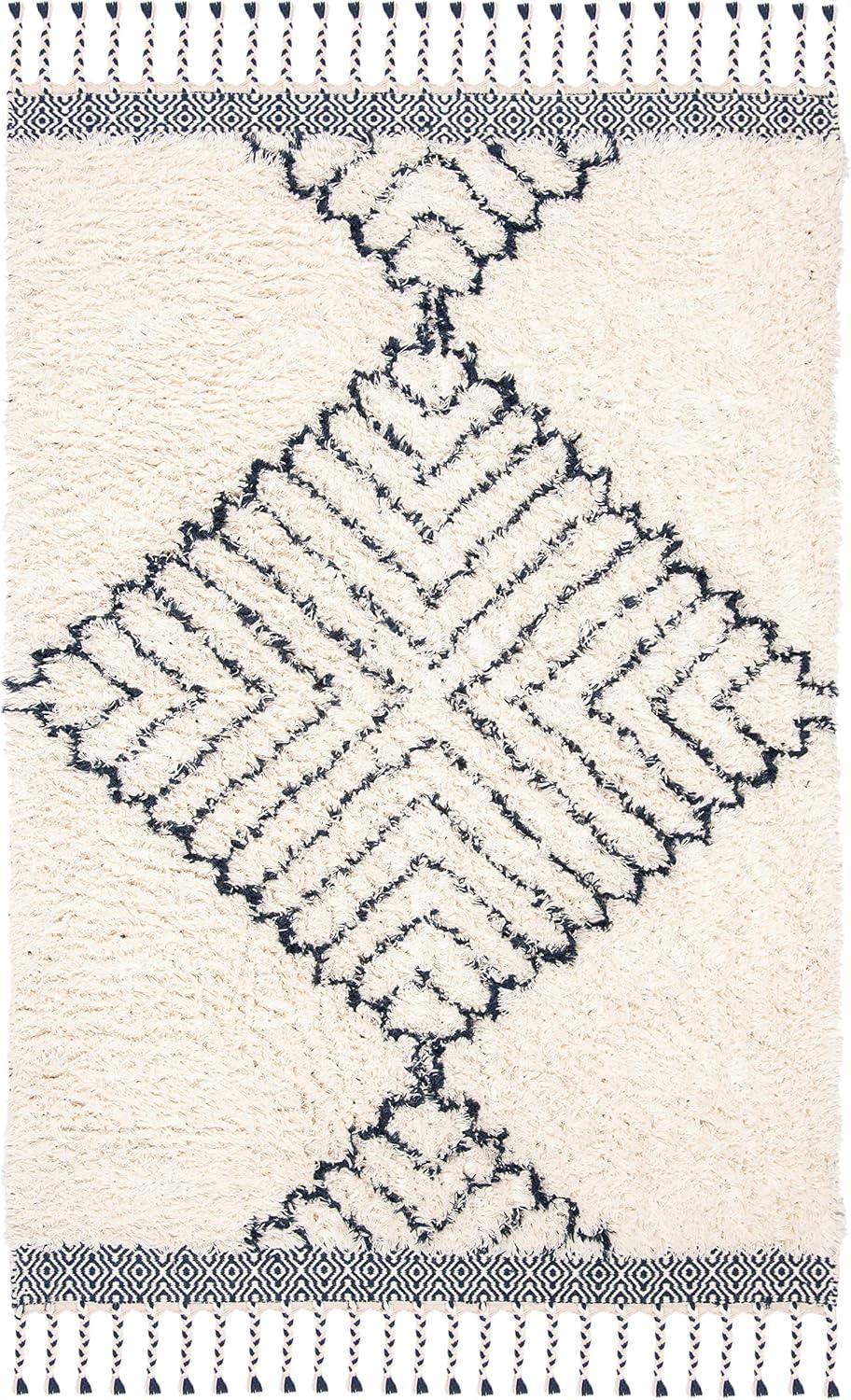 SAFAVIEH Casablanca Brad Geometric Wool Shag Area Rug, Ivory/Navy, 4' x 6'