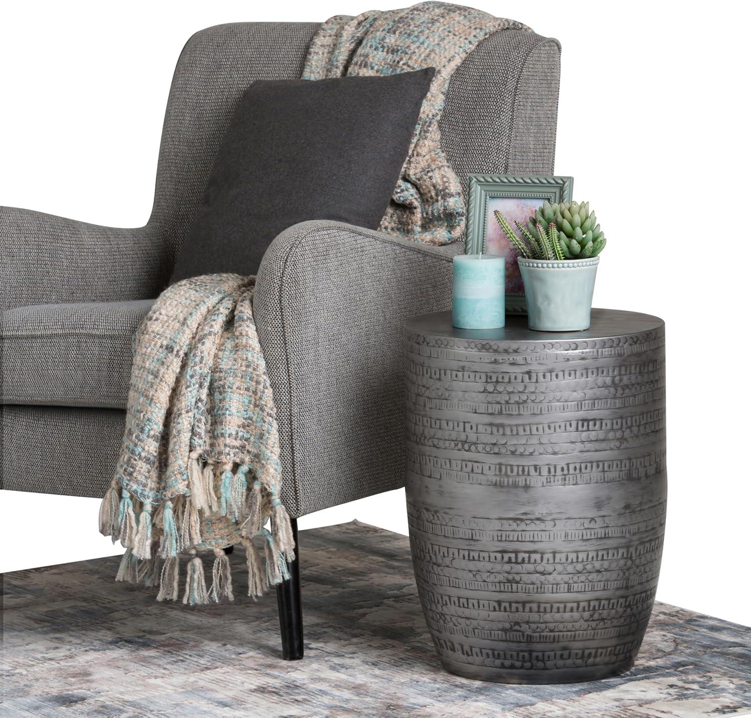 Simpli Home 15"W Metal Boho End Table with Drum Design and Textured Finish, Assembled