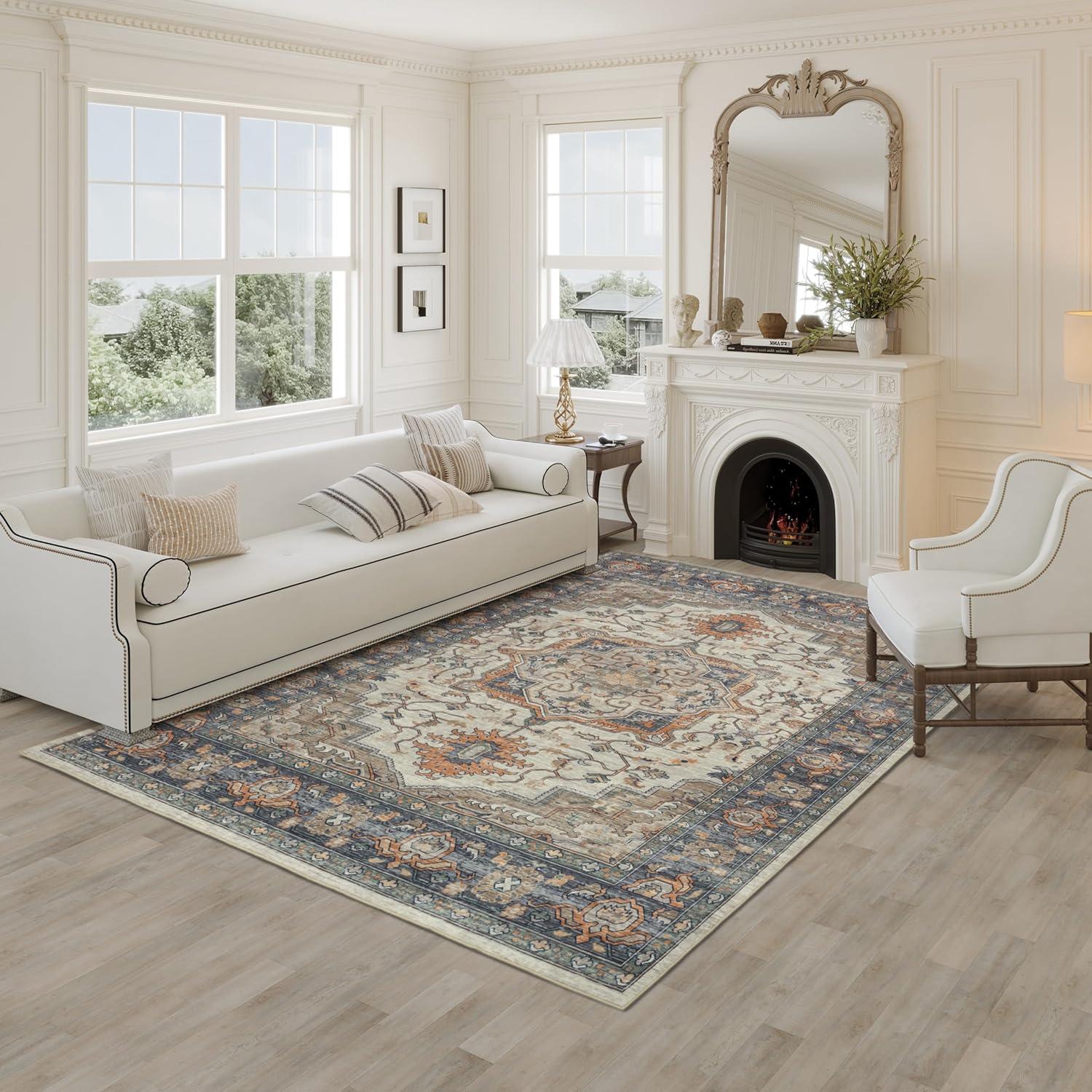 Umber Washable Medallion Rug in Cider Brown and Blue, 5x8