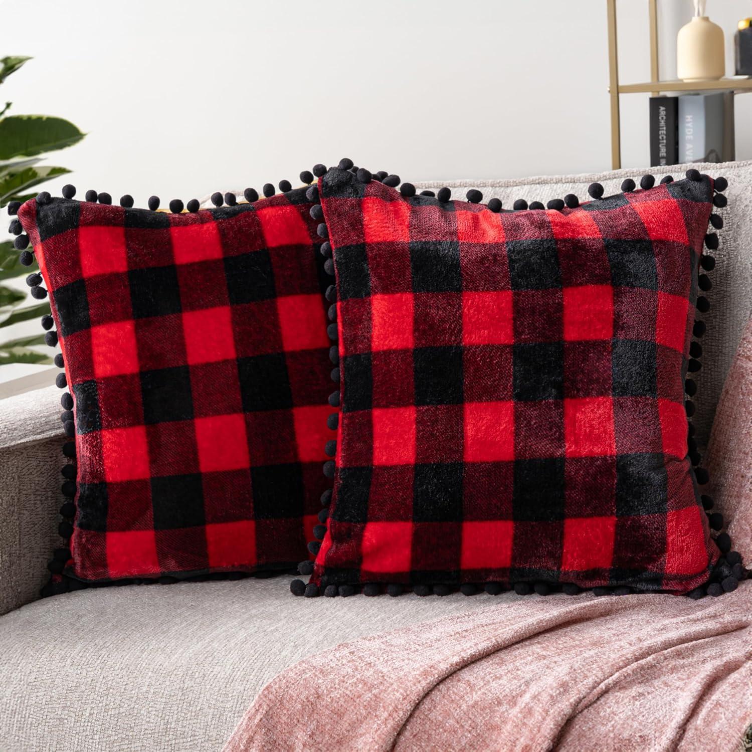 Red and Black Plaid Pom Pom Flannel Pillow Covers, Set of 2