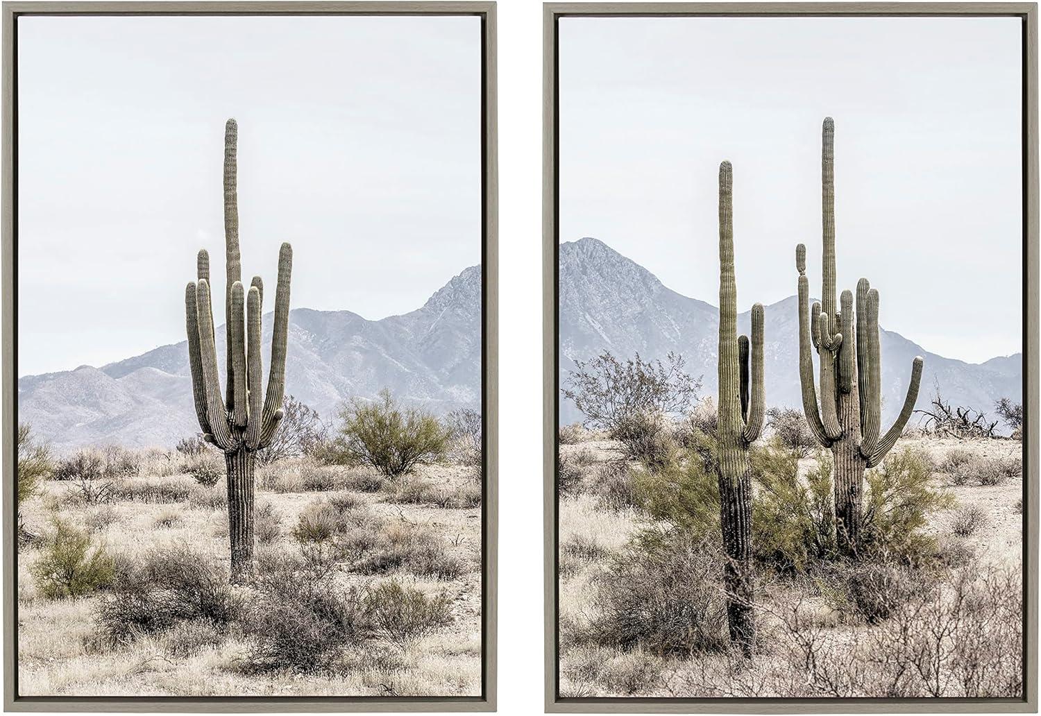 Kate and Laurel Sylvie Tall Saguaro Cacti Desert Mountain 1 and 2 Framed Canvas by The Creative Bunch Studio, 2 Piece 23x33, Gray