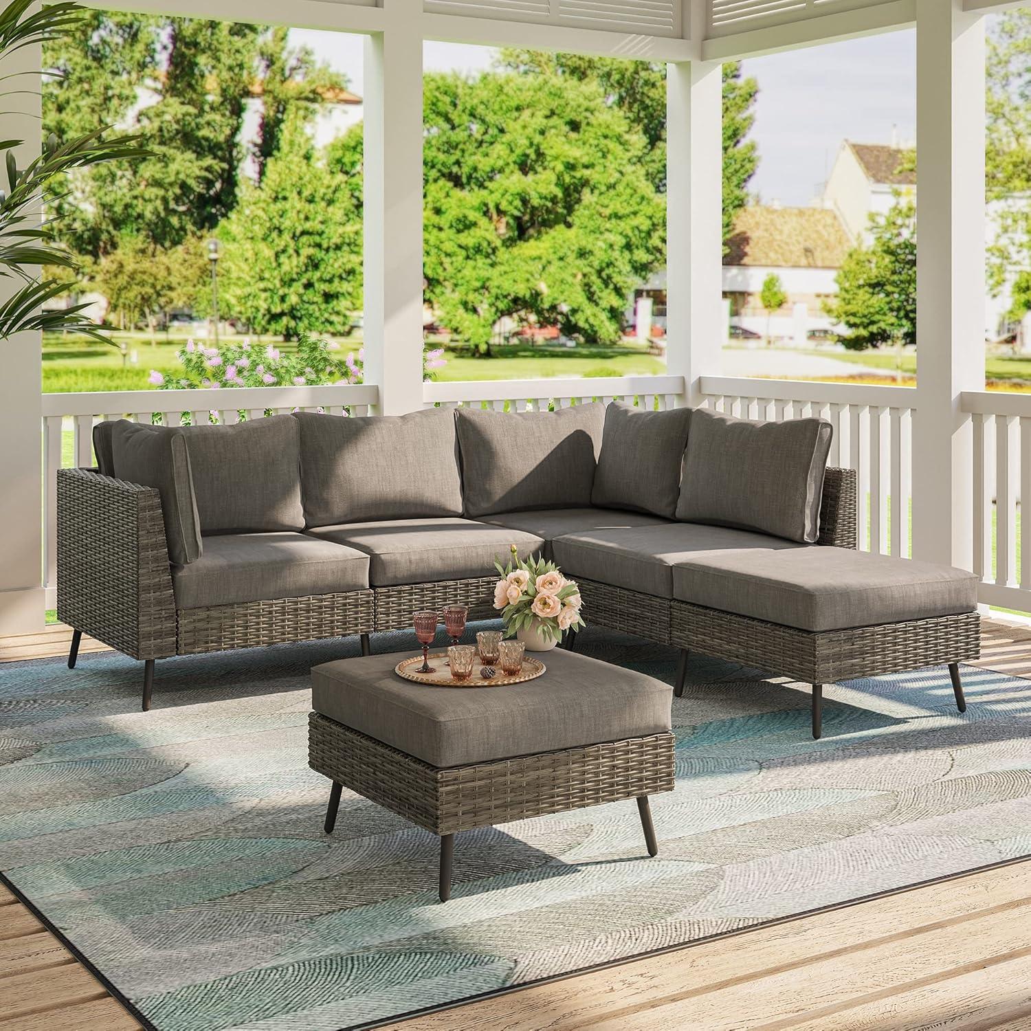 LAUSAINT HOME 6-Piece Patio Furniture Set, Outdoor Sectionals with 4 Chairs, 2 Ottomans and Plush Gray Cushions