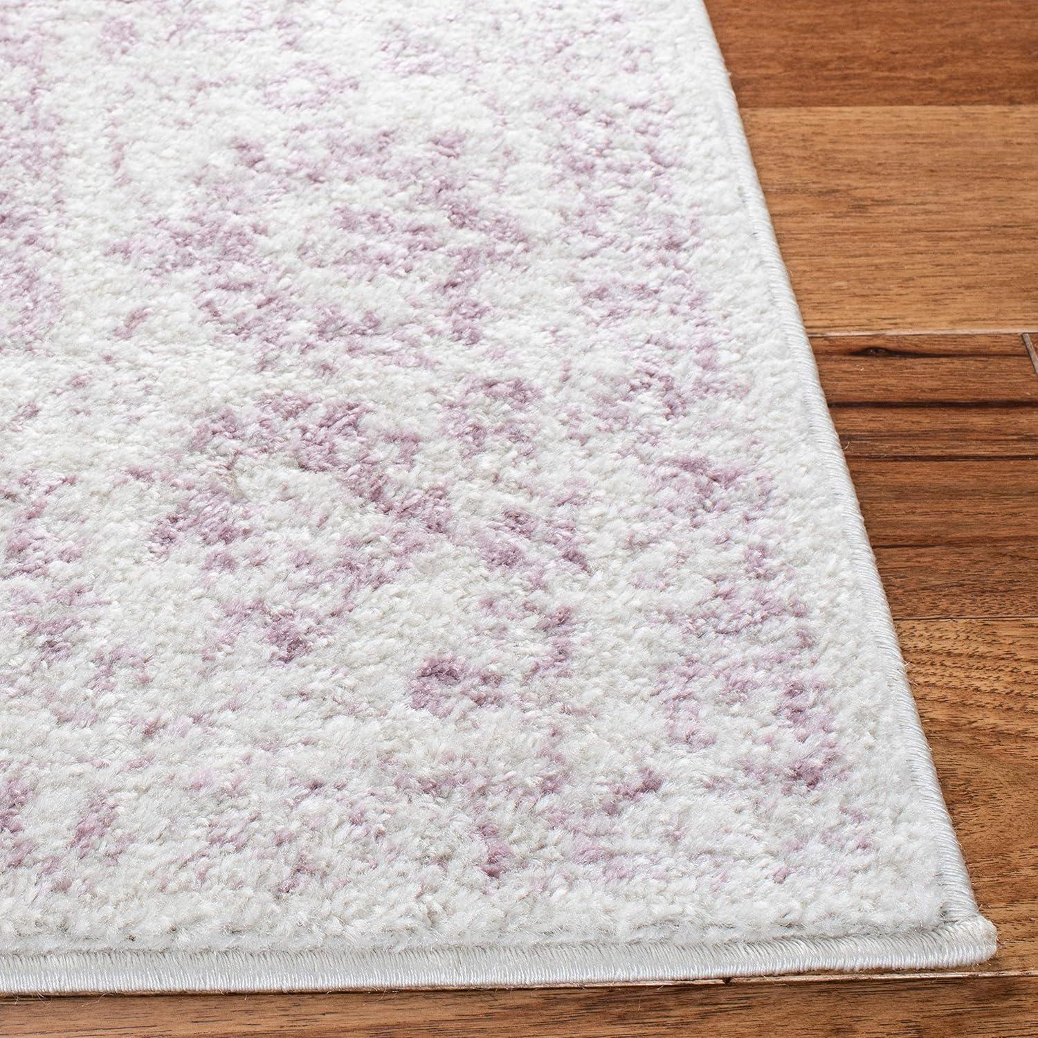 Elegant Ivory and Lavender 6' Square Synthetic Area Rug