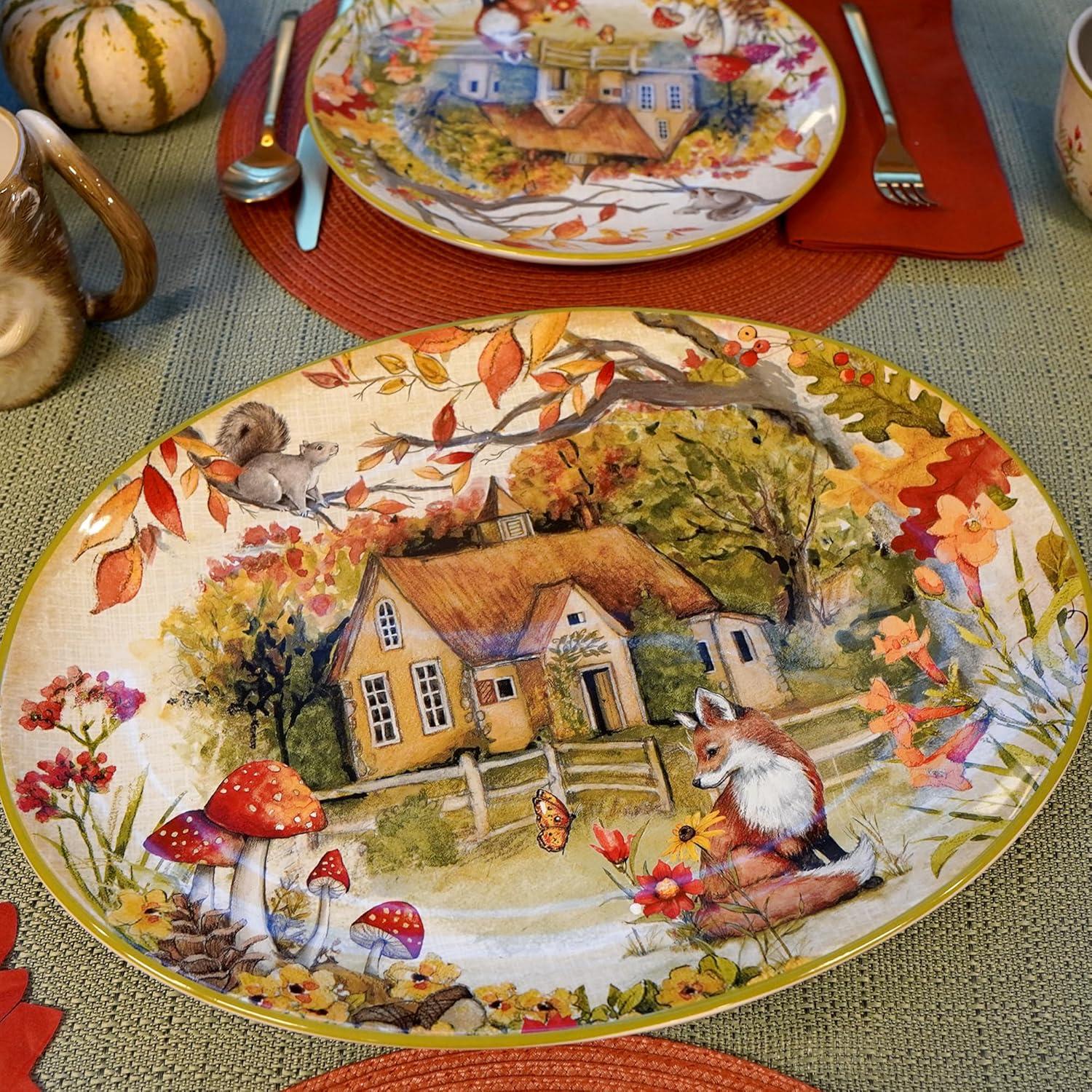 Woodland Critters Ceramic Oval Serving Platter with Cottage Scene