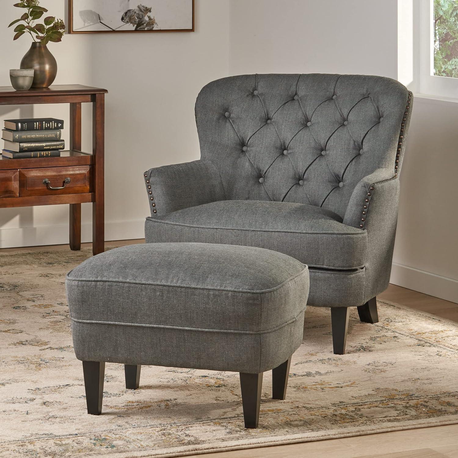 Christopher Knight Home Tafton Fabric Club Chair and Ottoman Set, 2-Pcs Set, Grey