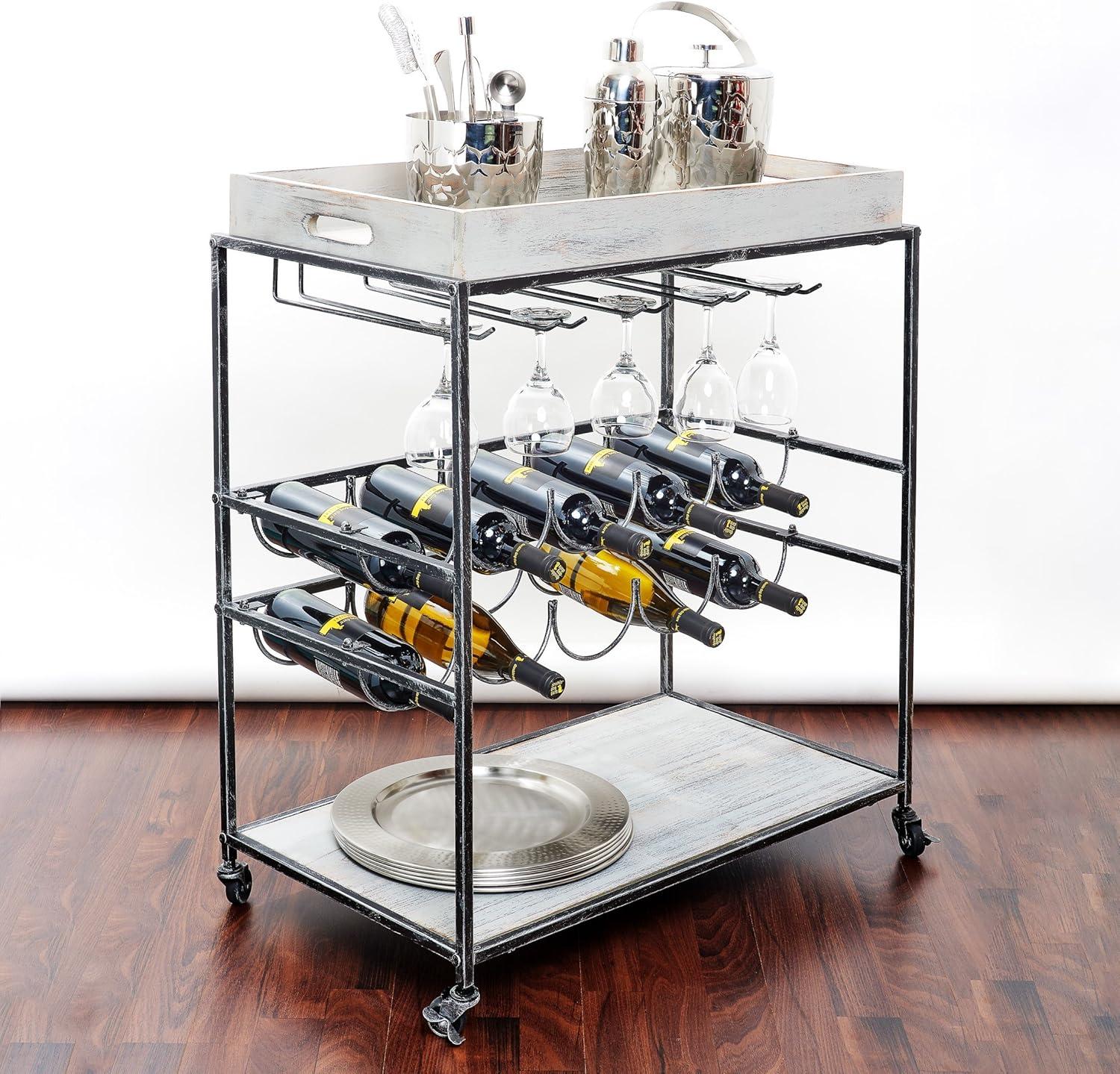 Old Dutch International Avalon Wine/Serving Cart 28" x 16" x 32" Antique Pewter, Barnwood Gray Stained Rubberwood 612BP