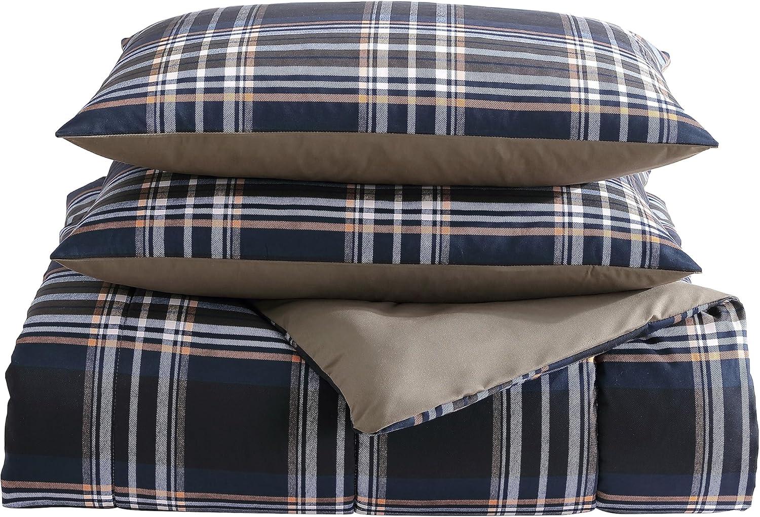 Navy Plaid Microfiber Queen Duvet Cover Set with Shams