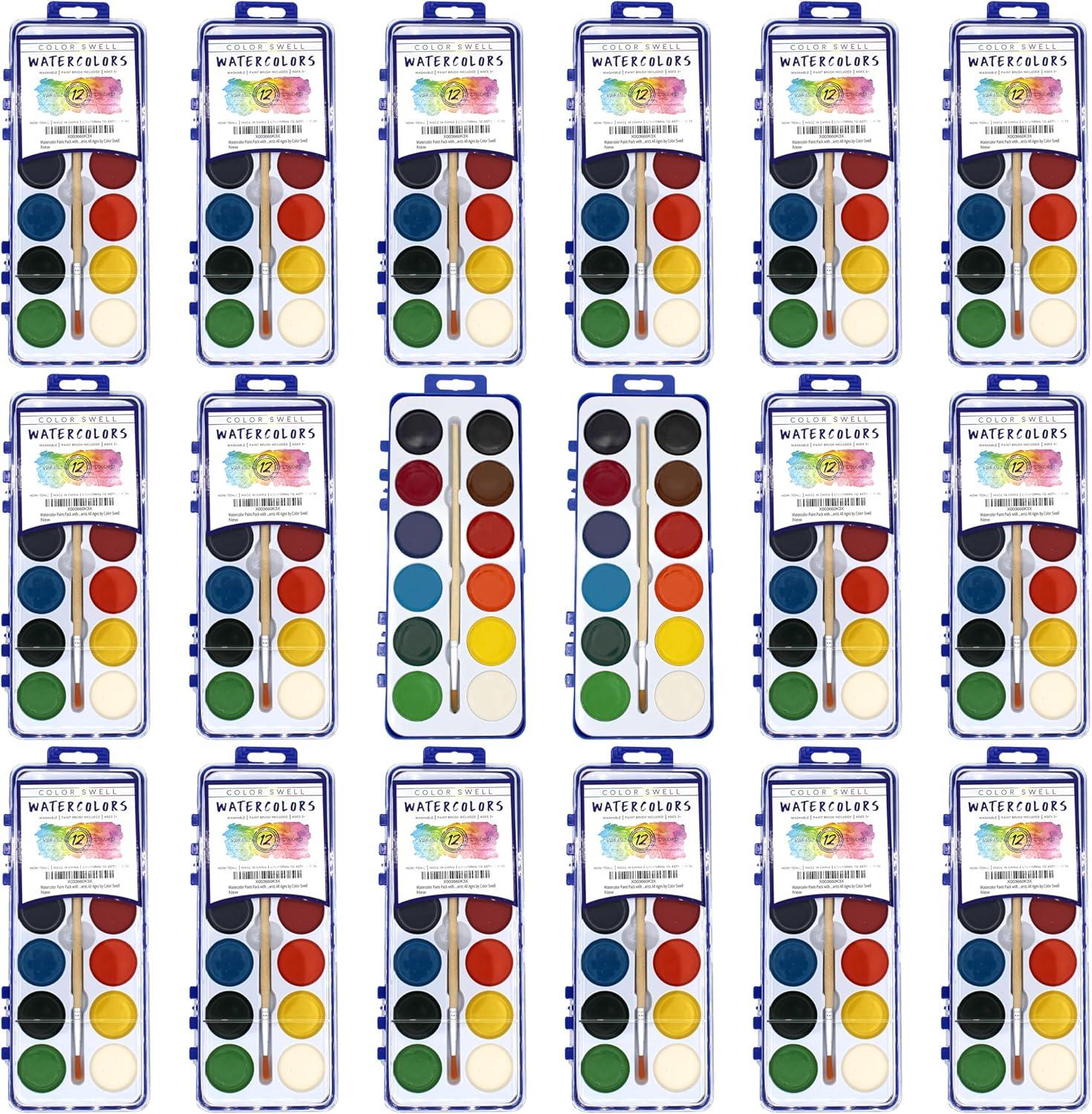 18 Set Bulk Watercolor Paint Pack with Wood Brushes 12 Washable Colors with 25% More Paint
