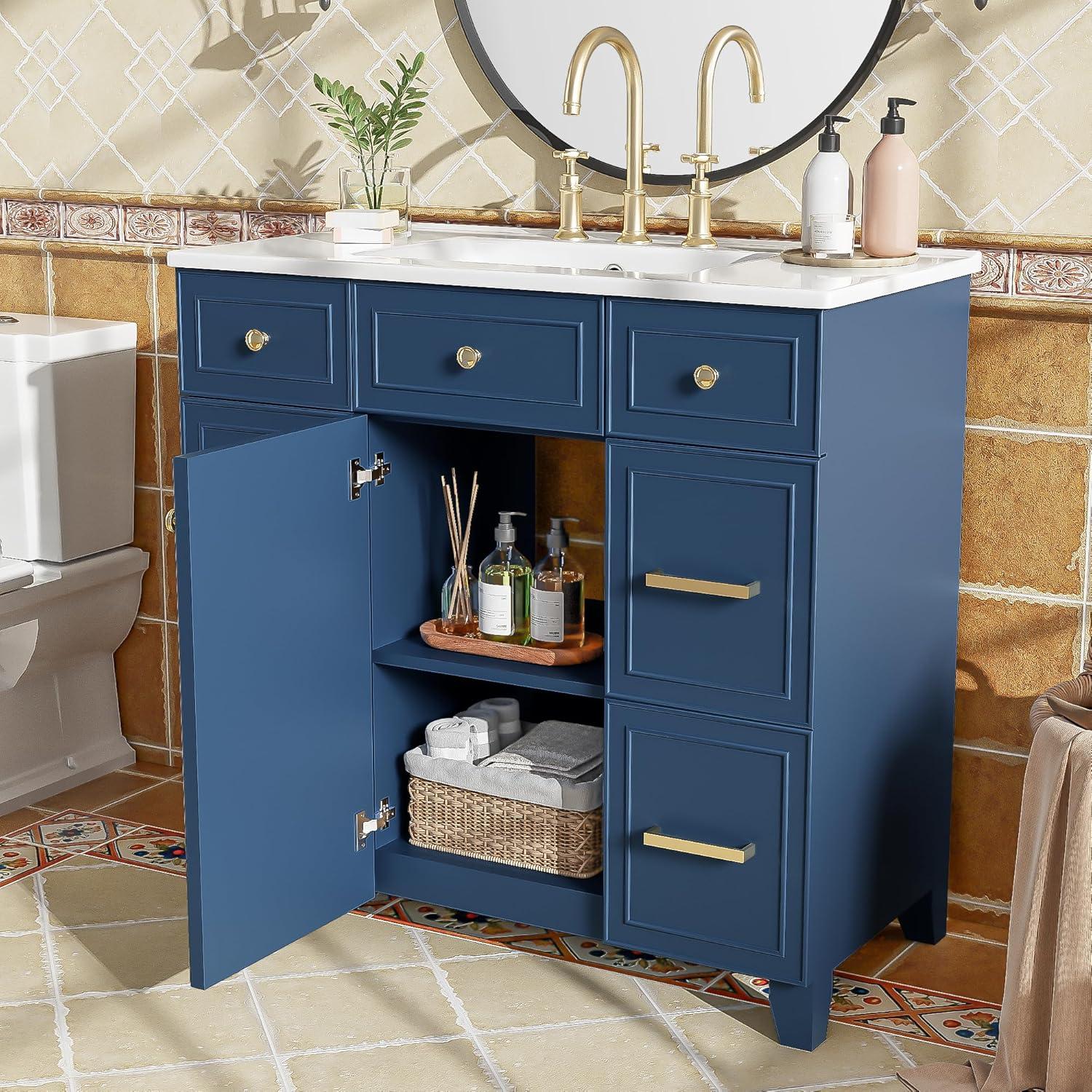 Miekor Furniture 36" Bathroom Vanity Cabinet with Sink Top Combo Set, Navy Blue, Single Sink, Shaker Cabinet with Soft Closing Door and Drawer W5UE-1