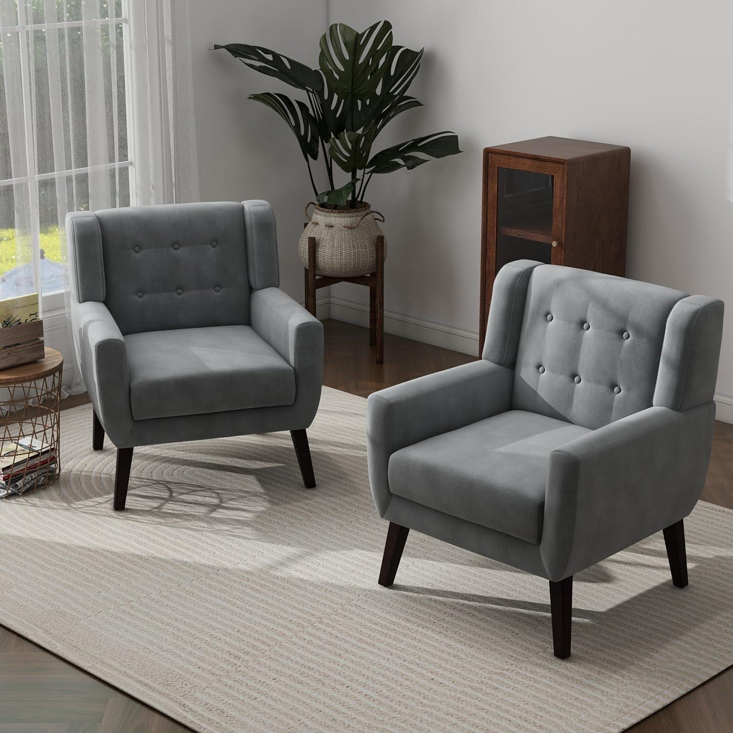 Gray Velvet Upholstered Accent Chair with Wooden Legs