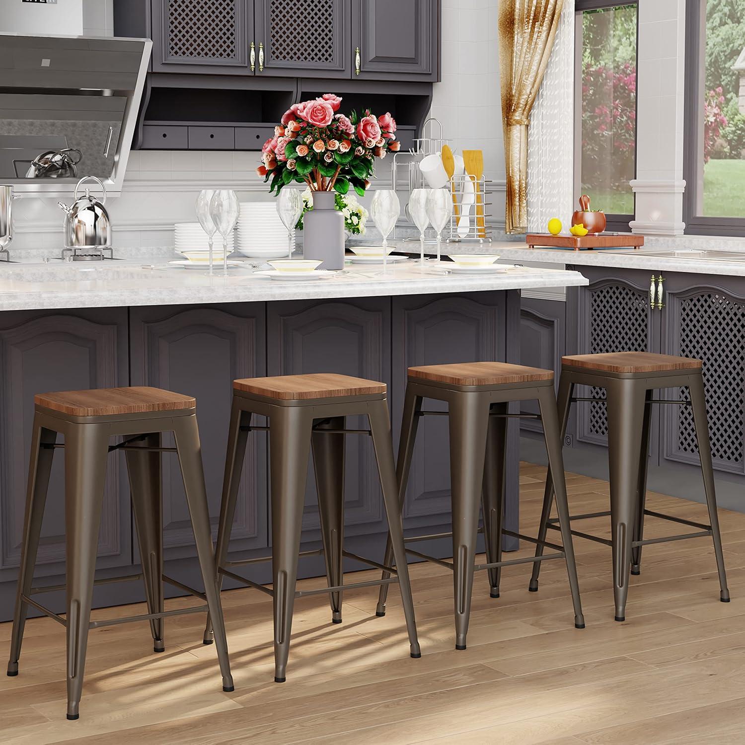 WENTMENT Bar Stools Set of 4 Counter Height Bar Stools Metal Barstools with Removable Back 30" Kitchen Bar Stools with Wooden Seat, Rusty