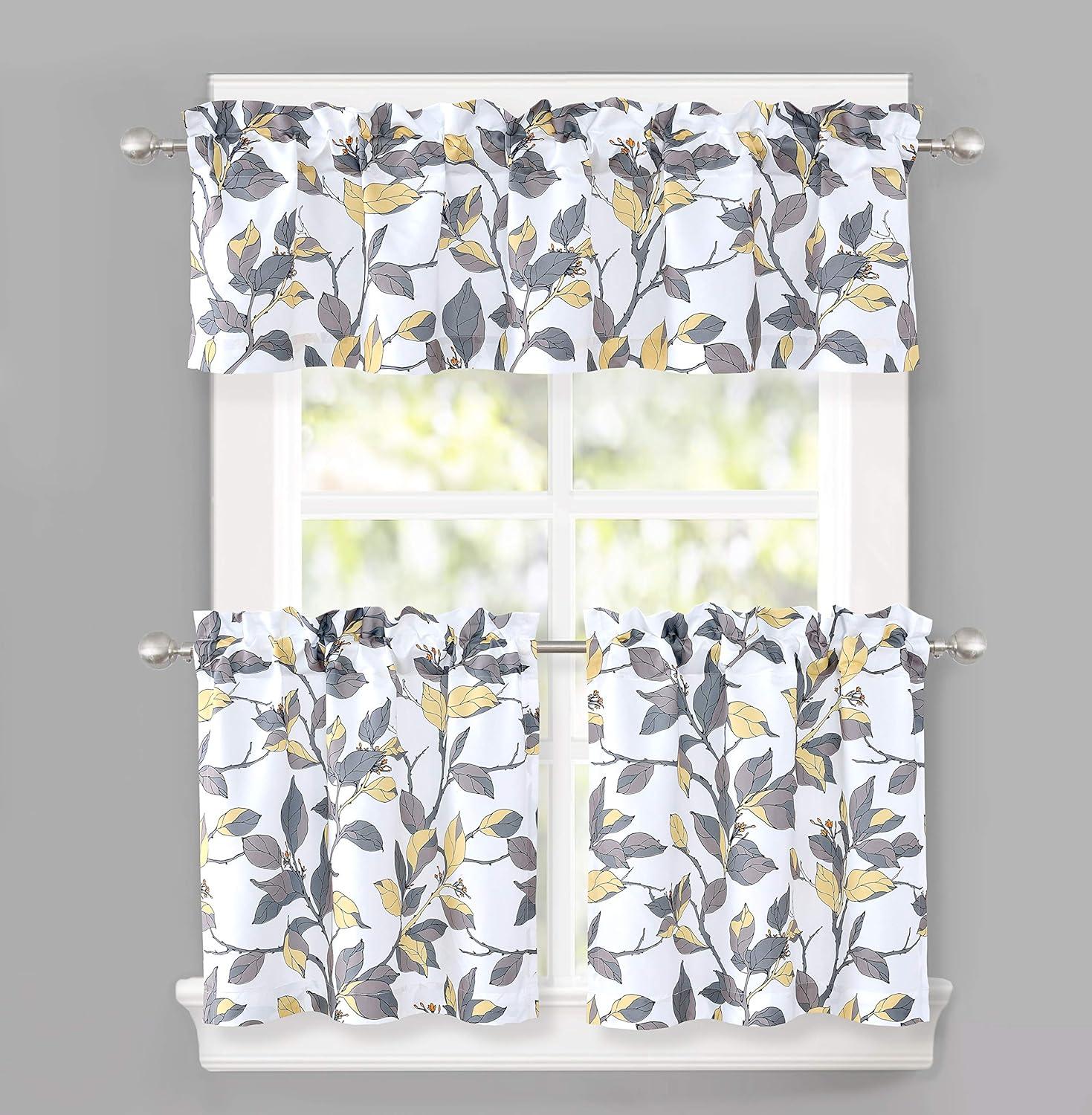 Gray and Yellow Floral Polyester Kitchen Curtain Set