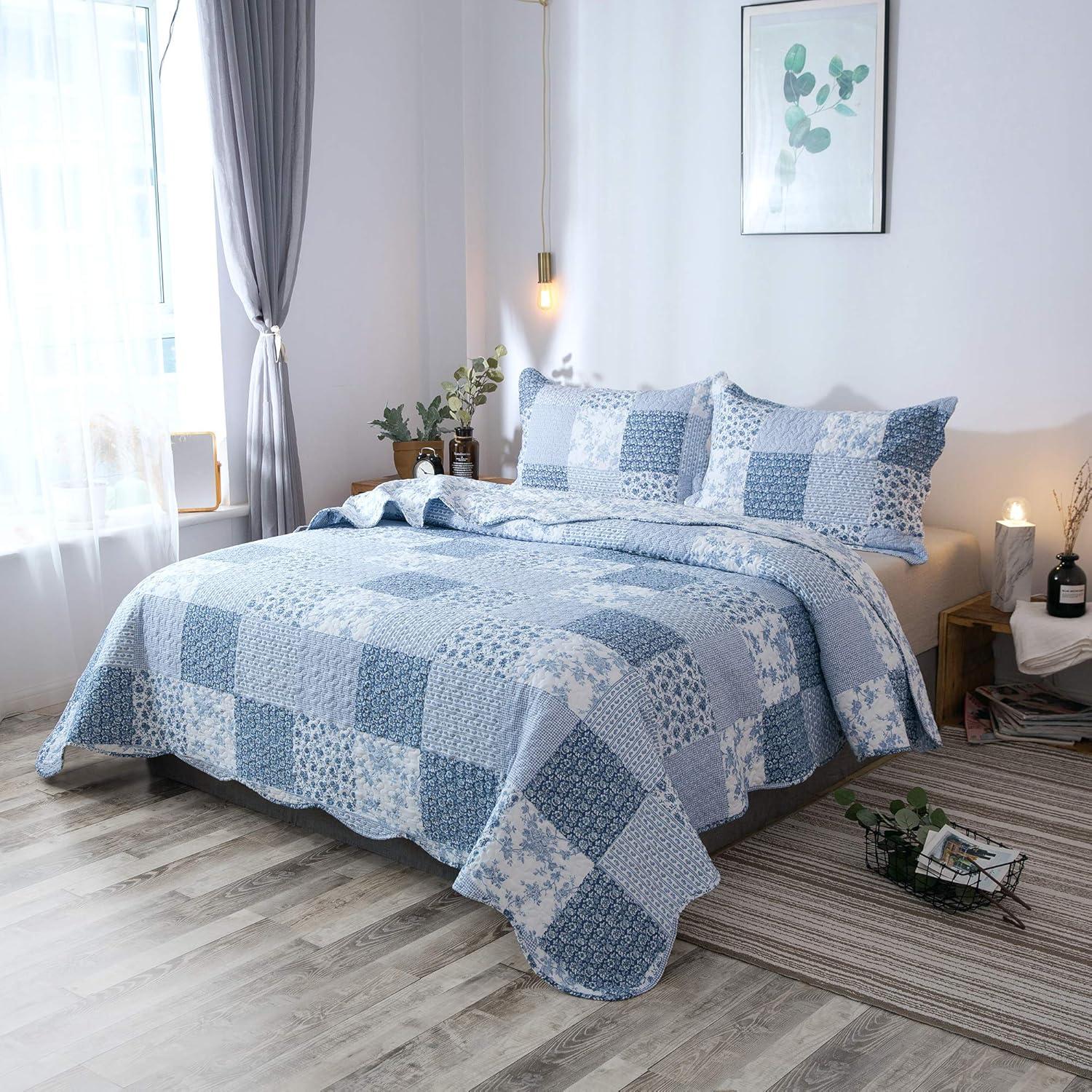 King Blue Microfiber Patchwork Quilt Set