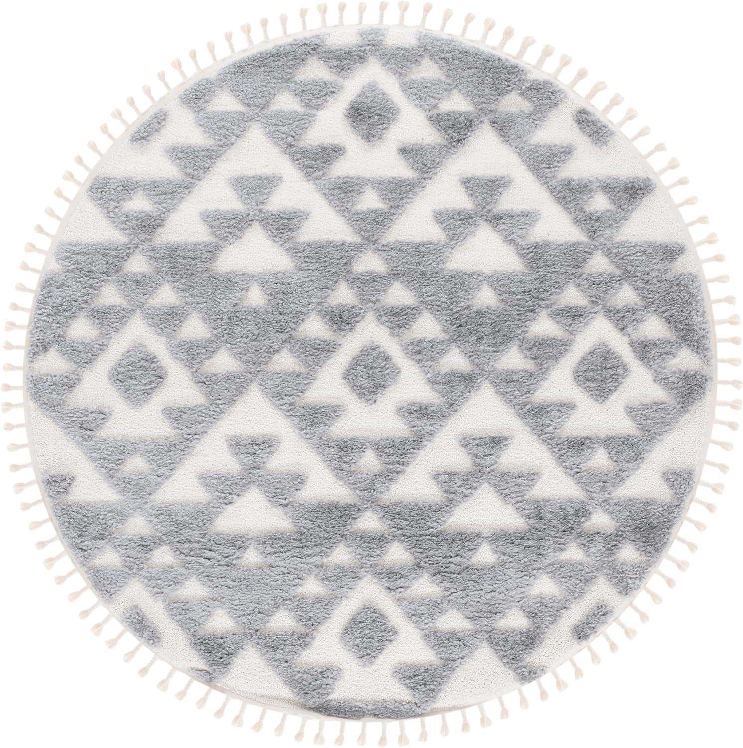 SAFAVIEH Moroccan Tassel Larry Geometric Shag Area Rug, Gray/Ivory, 6'7" x 6'7" Round