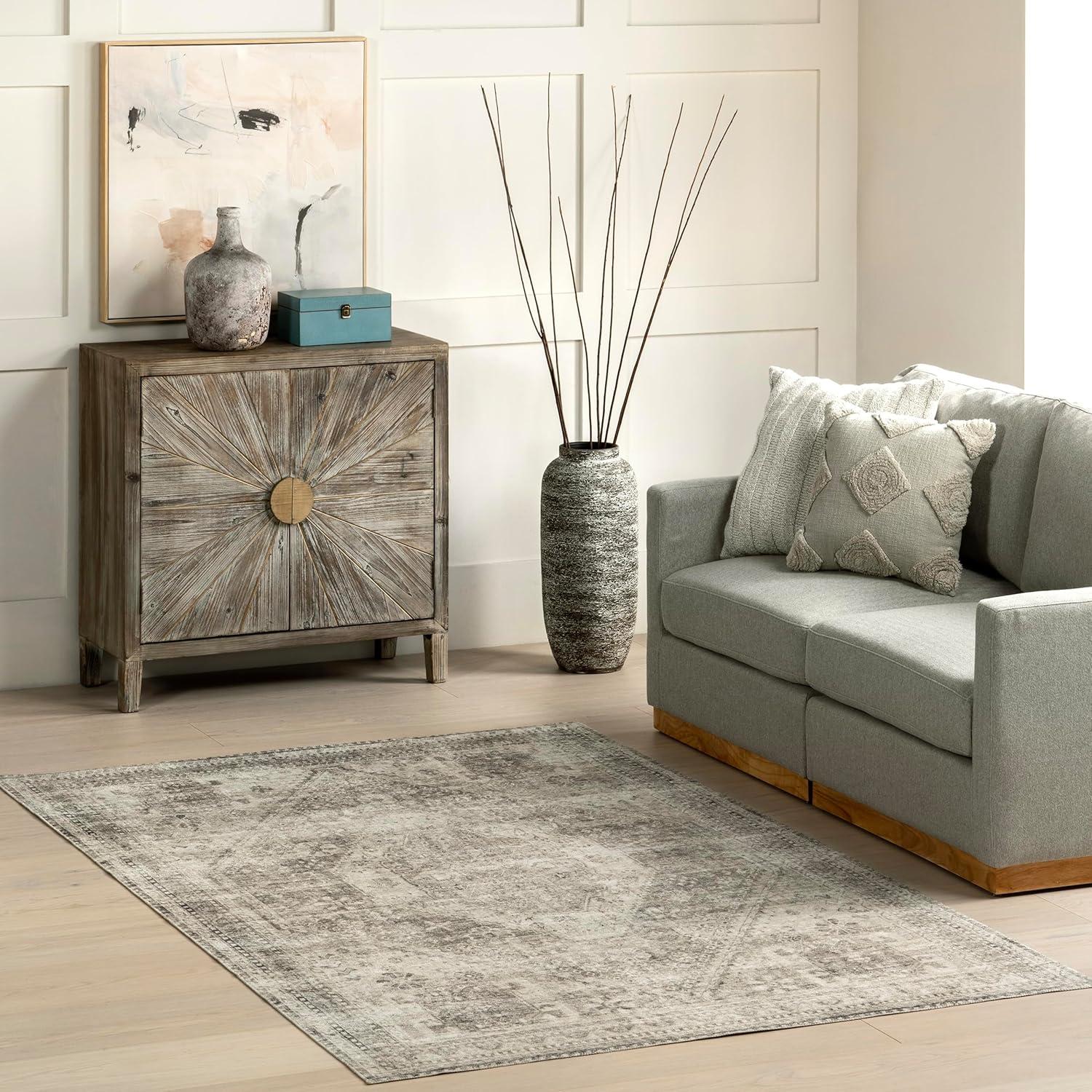 Gray Medallion Washable Synthetic Area Rug with Non-Slip Backing