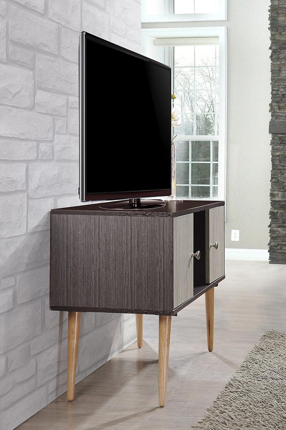 Retro Chocolate Wooden TV Stand with Open Shelf and Storage