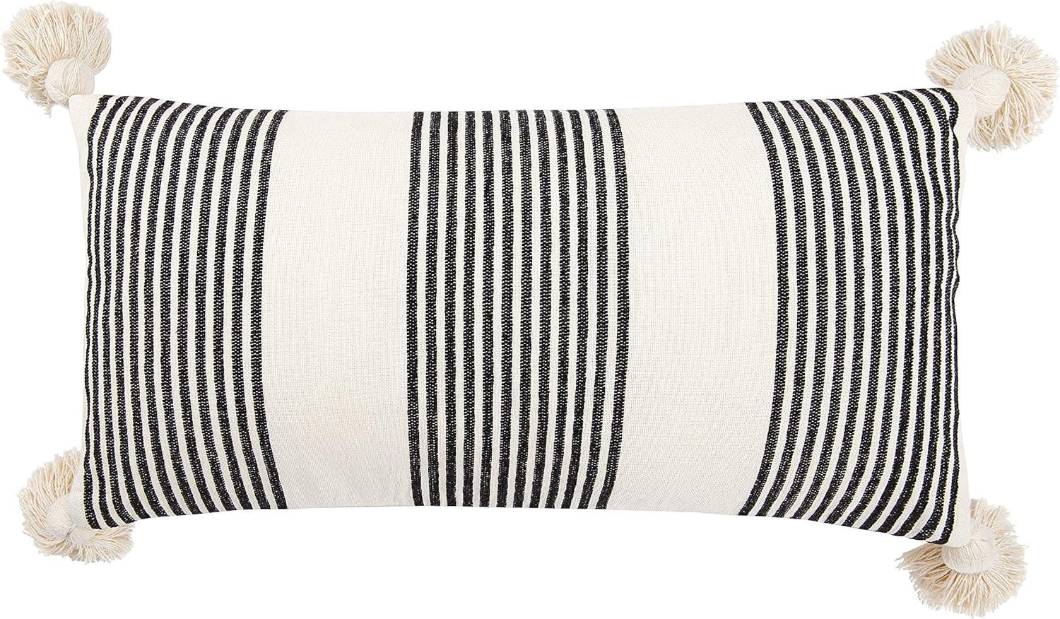 Creative Co-Op Cotton and Chenille Woven Striped Lumbar Pillow with Tassels, Black and Cream